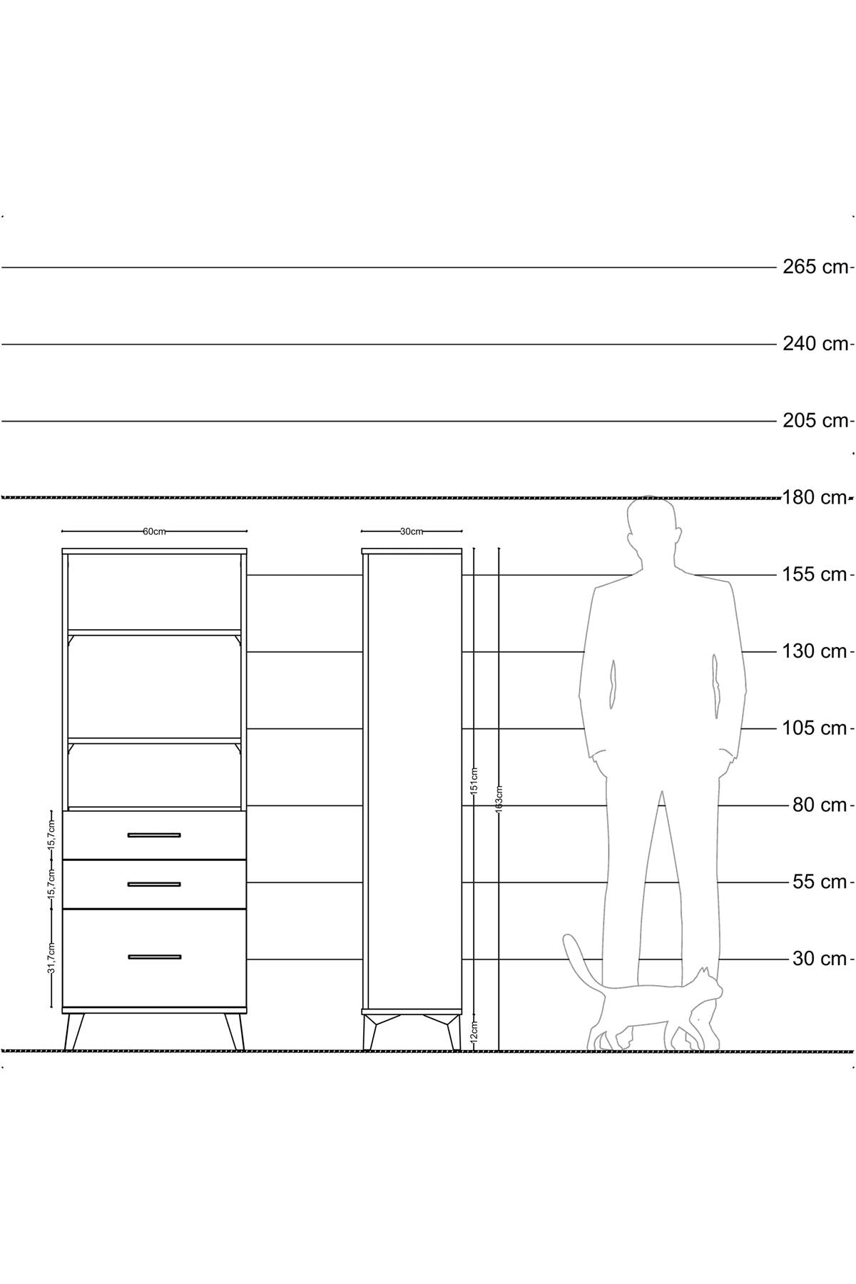 Arges Dolap 3 Raflı 3 Çekmeceli 60x30x163 Çam-Çam