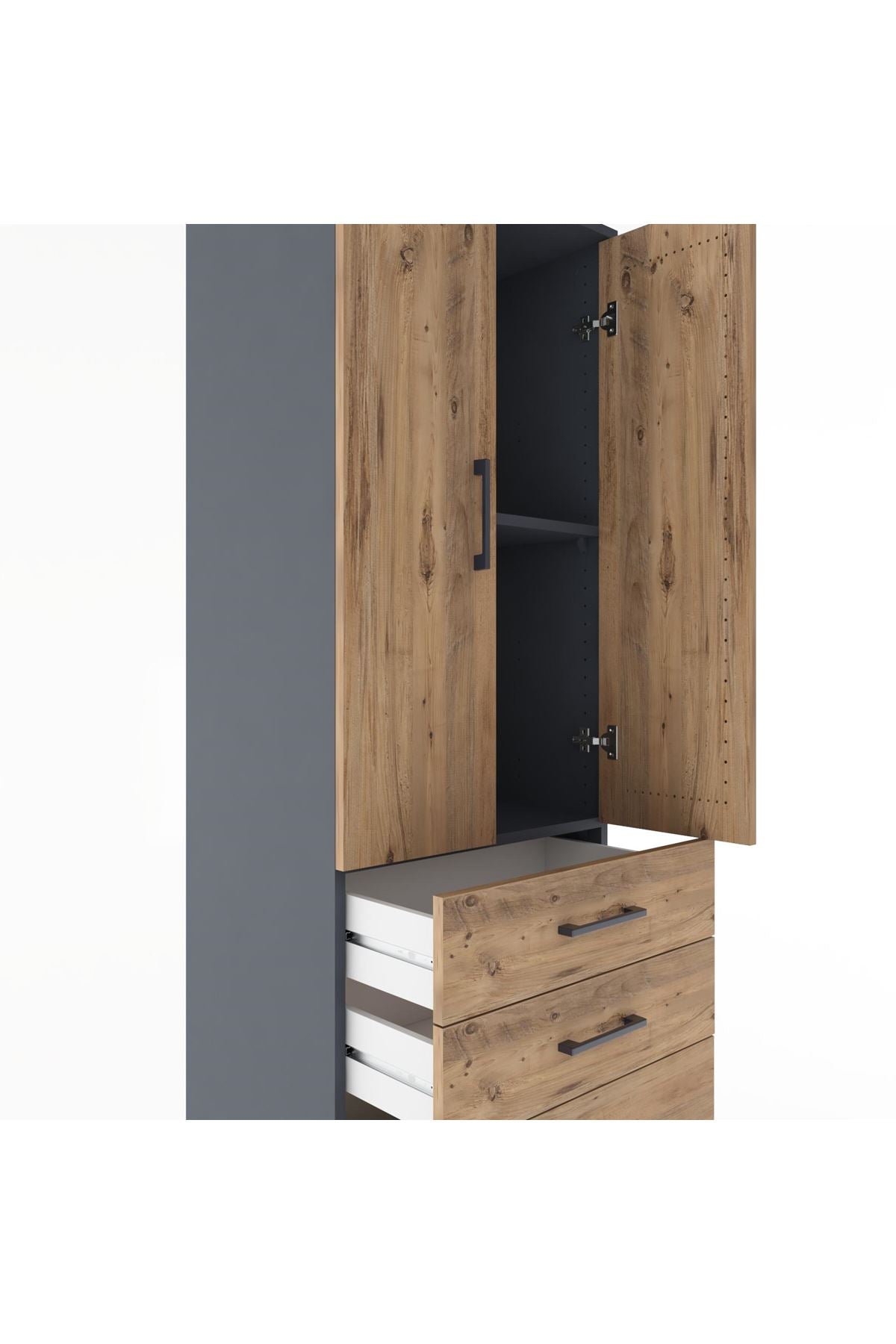 Hyperion Dolap 2 Raflı 3 Çekmeceli 2 Kapaklı 60x44x182 Antrasit-Çam