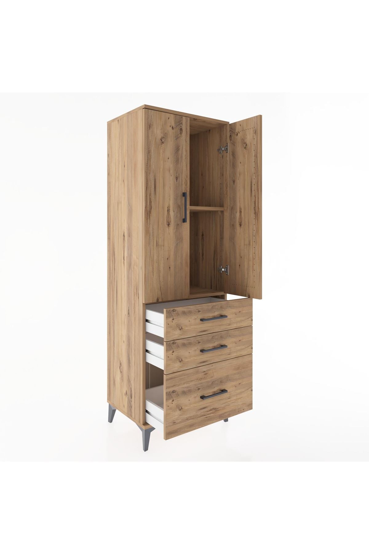 Hyperion Dolap 2 Raflı 3 Çekmeceli 2 Kapaklı 60x44x182 Çam-Çam