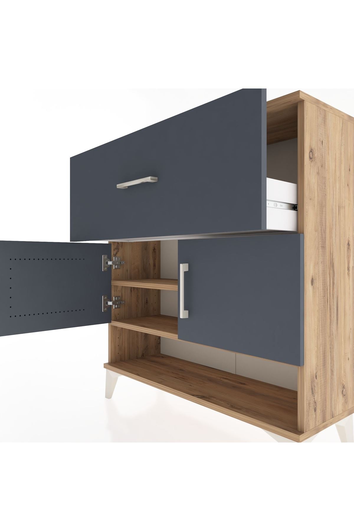 Arges Şifonyer 2 Raflı Tek Çekmeceli 2 Kapaklı 88x30x96 Çam-Antrasit