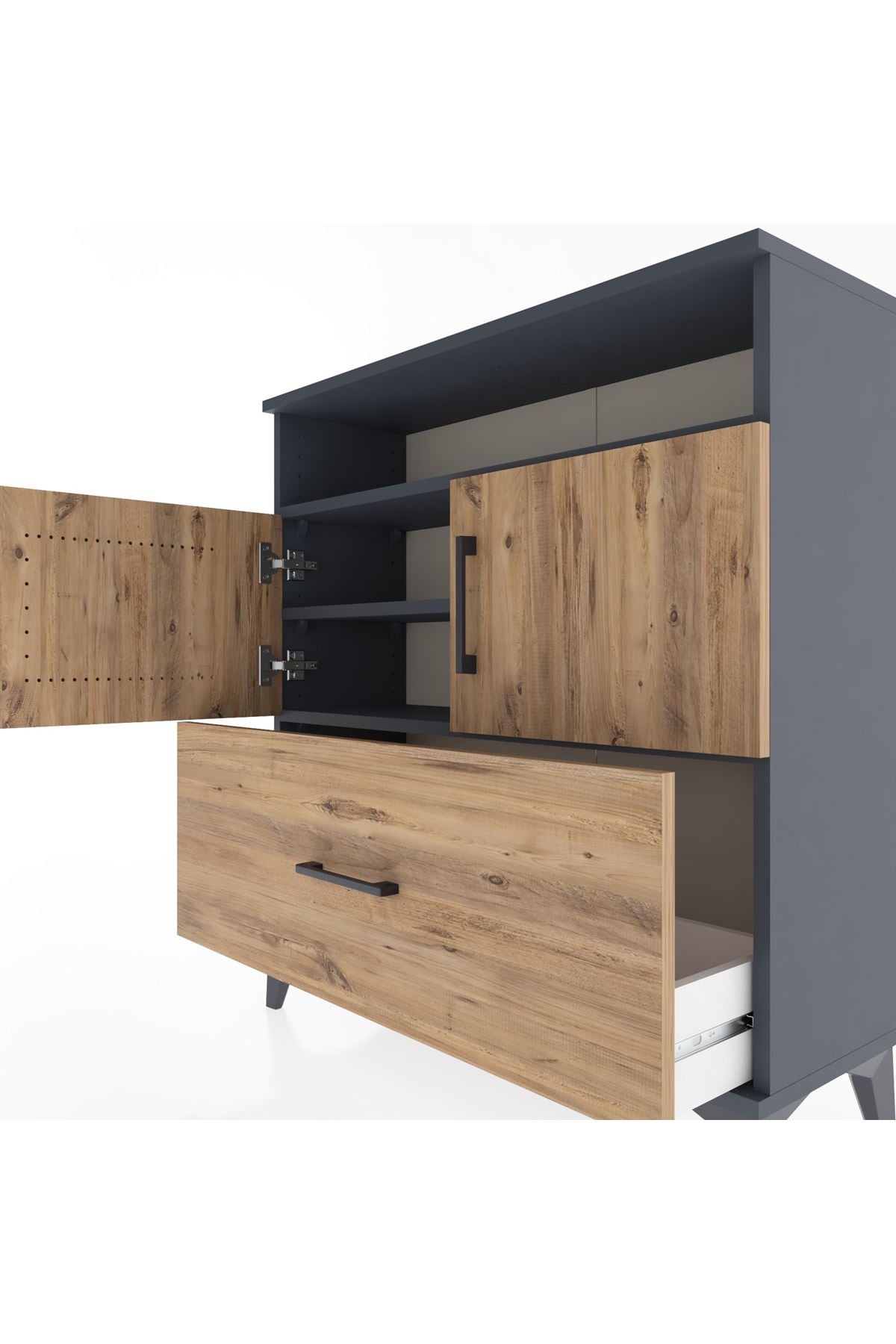 Arges Şifonyer 3 Raflı Tek Çekmeceli 2 Kapaklı 88x30x96 Antrasit-Çam