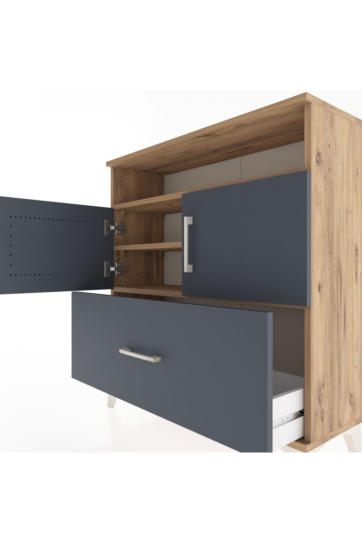 Arges Şifonyer 3 Raflı Tek Çekmeceli 2 Kapaklı 88x30x96 Çam-Antrasit