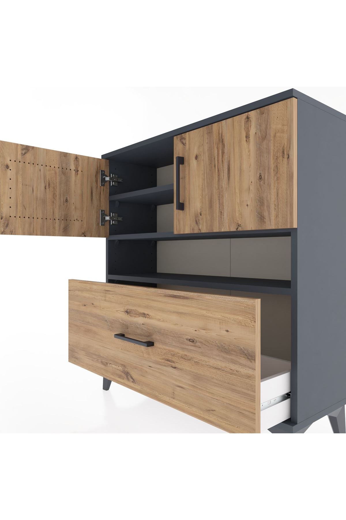 Arges Şifonyer 3 Raflı Tek Çekmeceli 2 Kapaklı 88x30x96 Antrasit-Çam