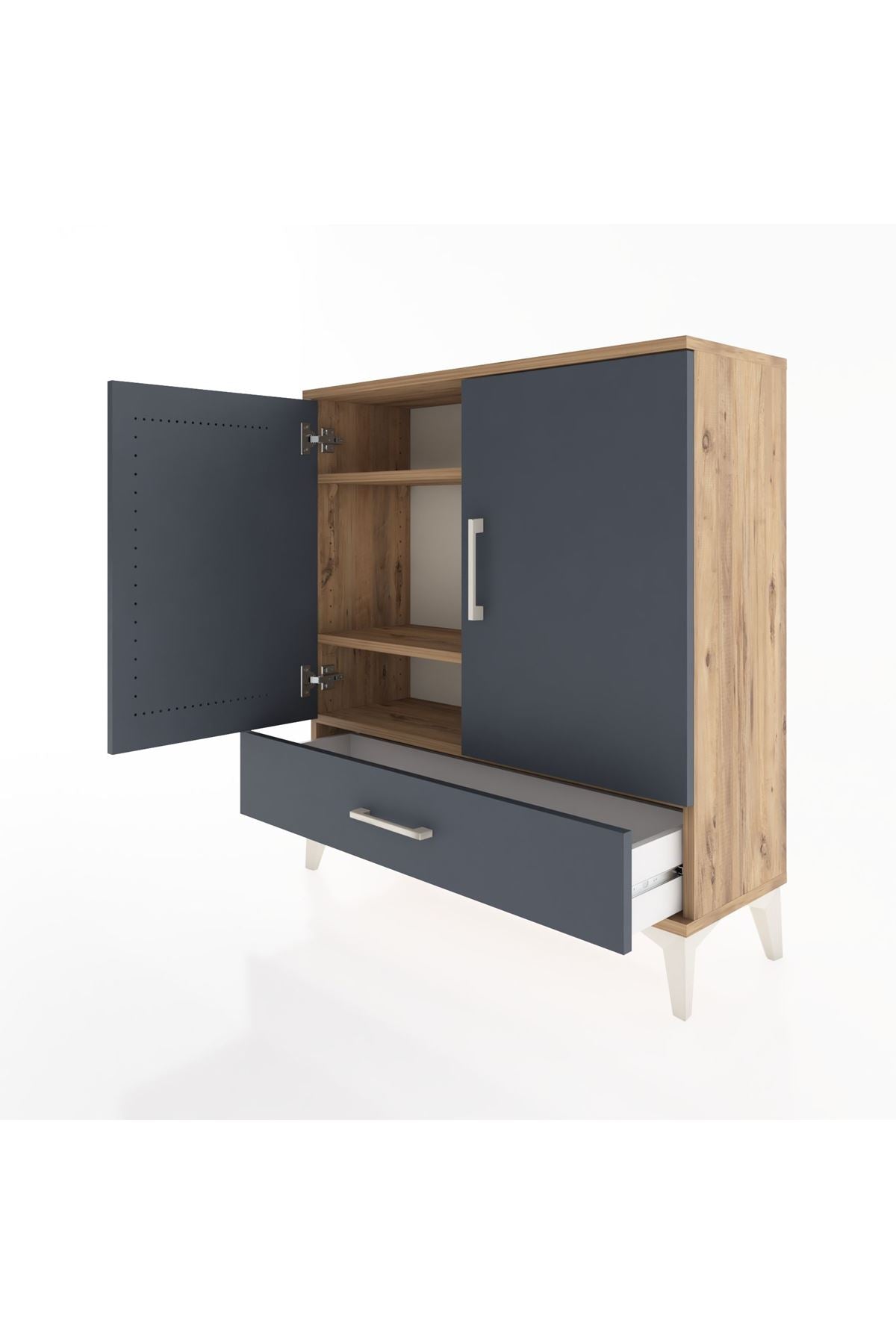 Arges Şifonyer 3 Raflı Tek Çekmeceli 2 Kapaklı 88x30x96 Çam-Antrasit