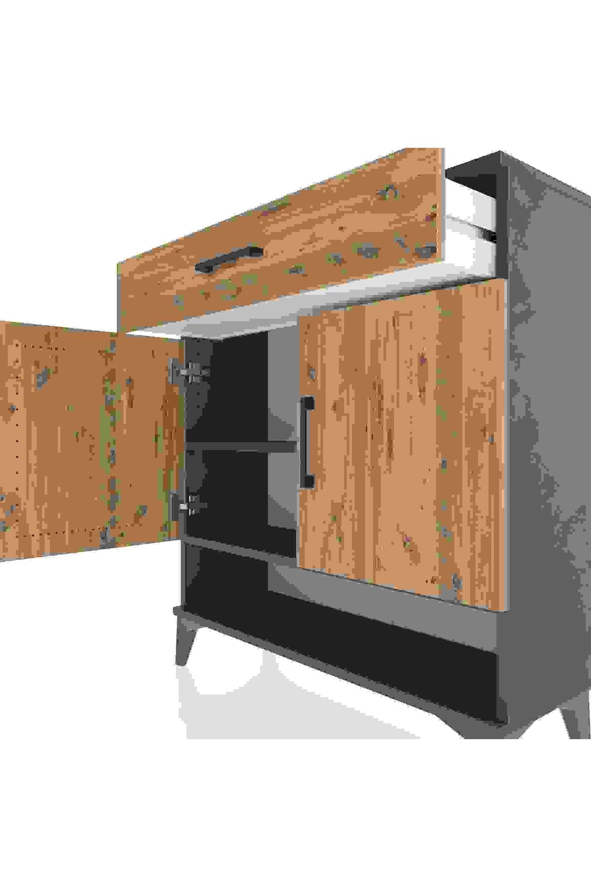 Arges Şifonyer 2 Raflı Tek Çekmeceli 2 Kapaklı 88x30x96 Antrasit-Çam