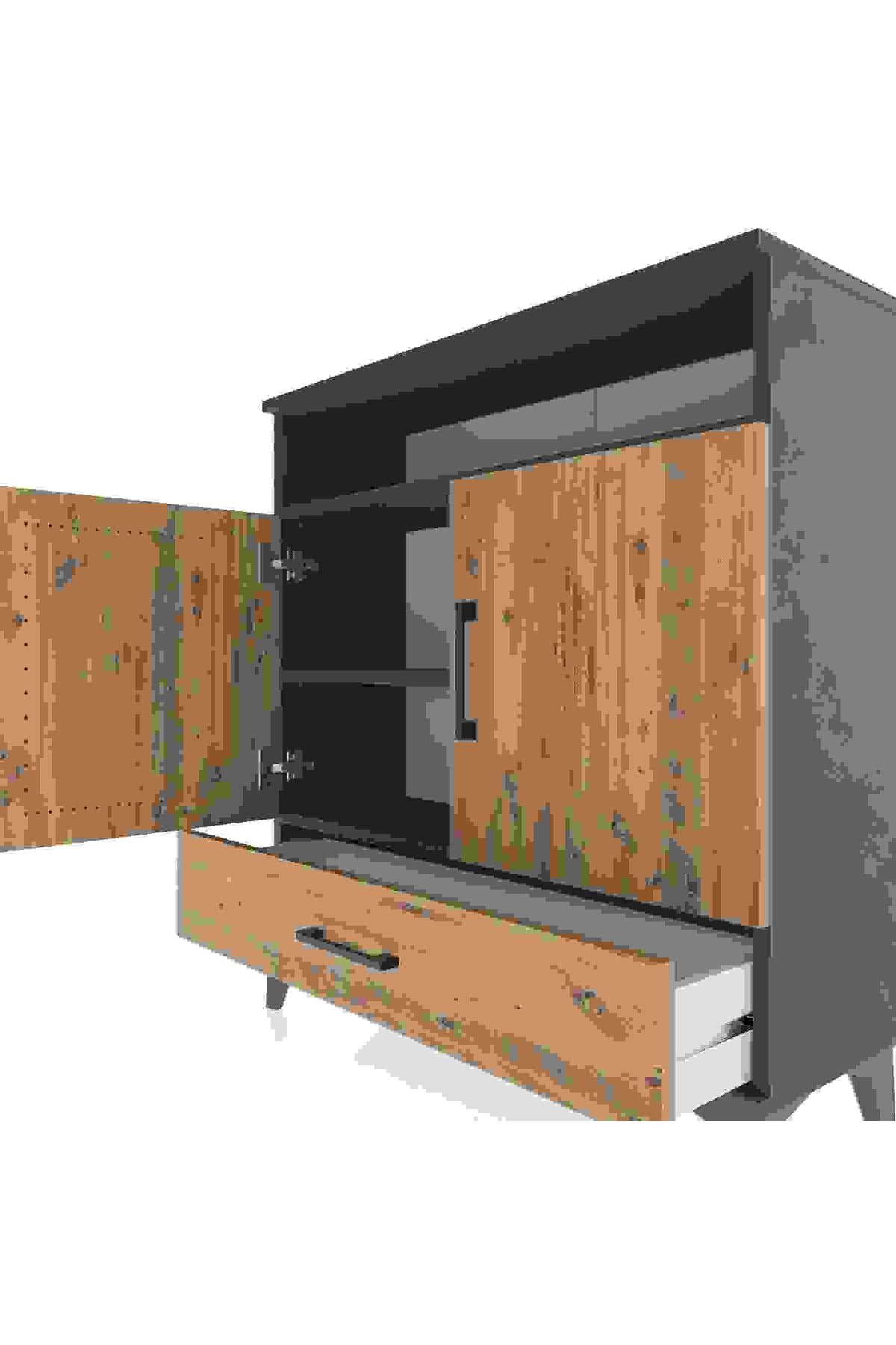 Arges Şifonyer 3 Raflı Tek Çekmeceli 2 Kapaklı 88x30x96 Antrasit-Çam