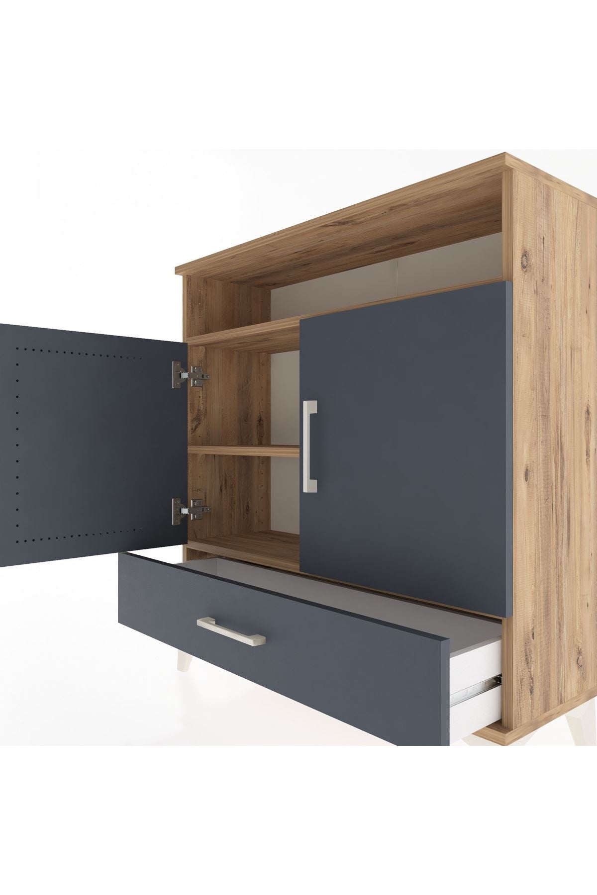 Arges Şifonyer 3 Raflı Tek Çekmeceli 2 Kapaklı 88x30x96 Çam-Antrasit