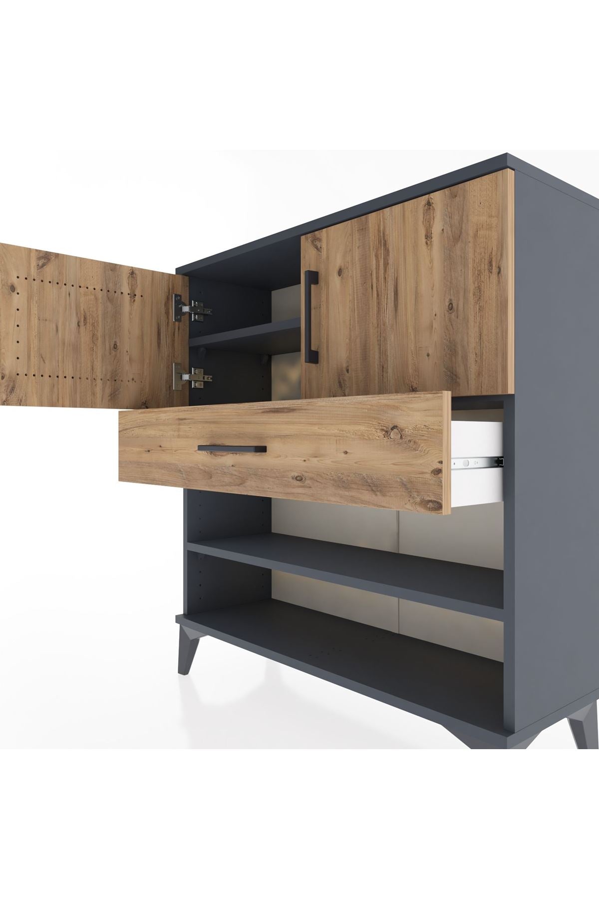 Arges Şifonyer 3 Raflı Tek Çekmeceli 2 Kapaklı 88x30x96 Antrasit-Çam