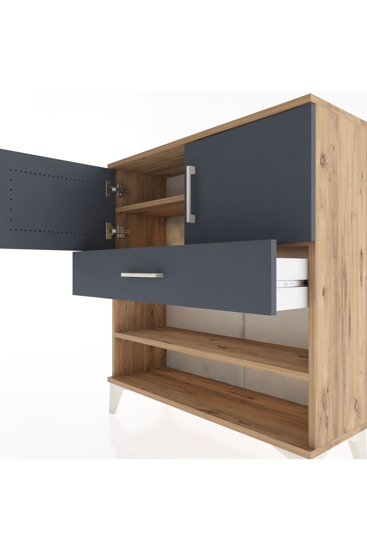 Arges Şifonyer 3 Raflı Tek Çekmeceli 2 Kapaklı 88x30x96 Çam-Antrasit