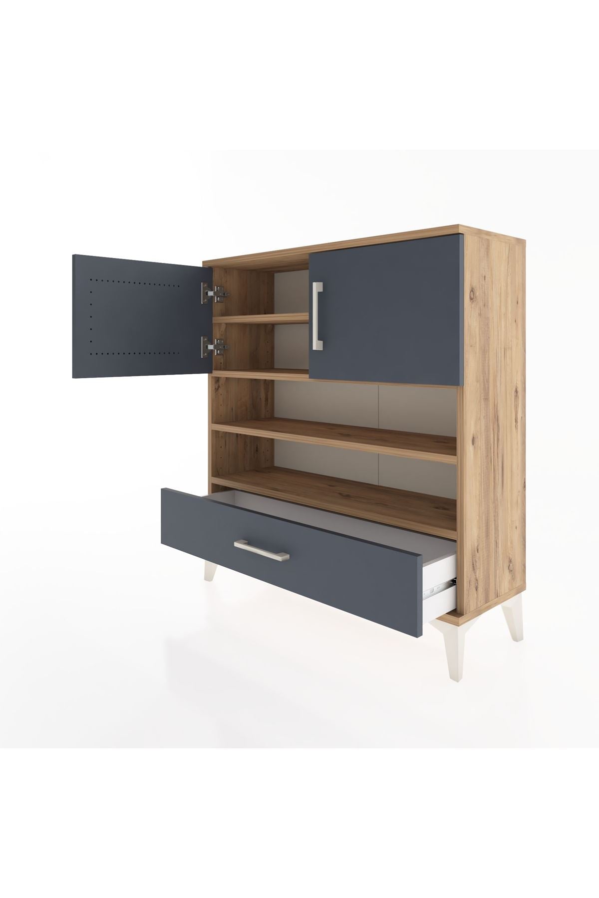 Arges Şifonyer 4 Raflı Tek Çekmeceli 2 Kapaklı 88x30x96 Çam-Antrasit