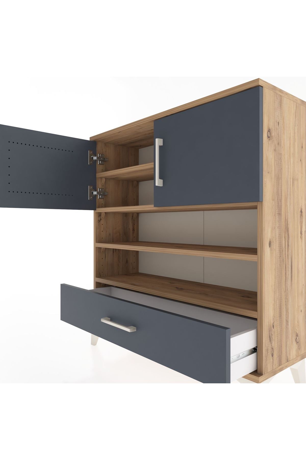 Arges Şifonyer 4 Raflı Tek Çekmeceli 2 Kapaklı 88x30x96 Çam-Antrasit