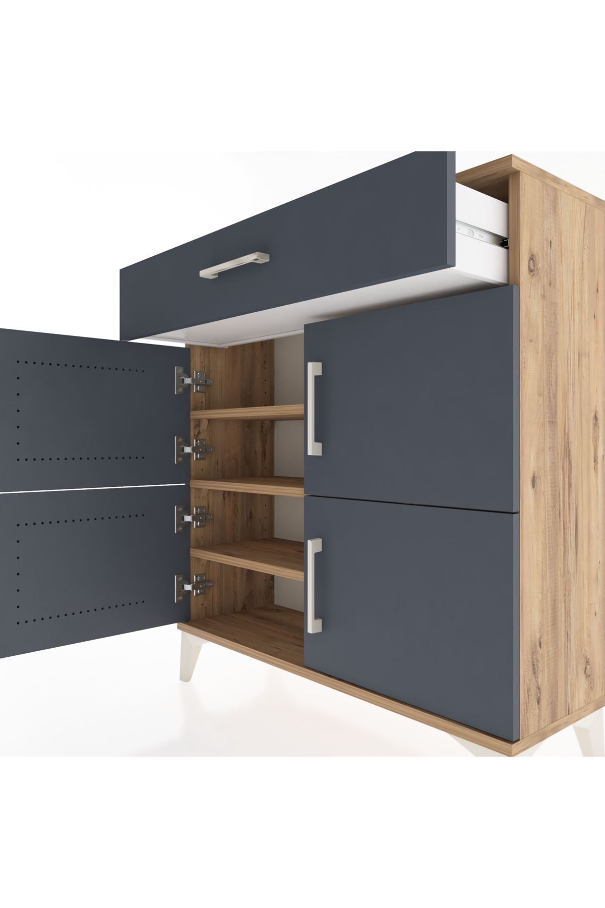 Arges Şifonyer 3 Raflı Tek Çekmeceli 4 Kapaklı 88x30x96 Çam-Antrasit