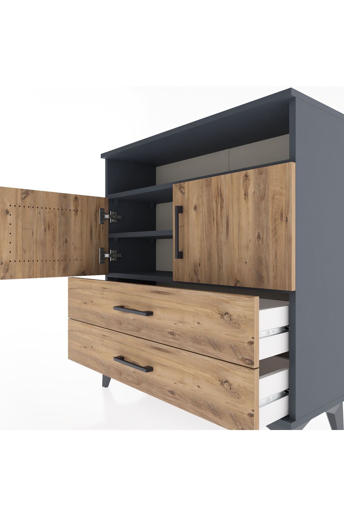 Arges Şifonyer 3 Raflı 2 Çekmeceli 2 Kapaklı 88x30x96 Antrasit-Çam