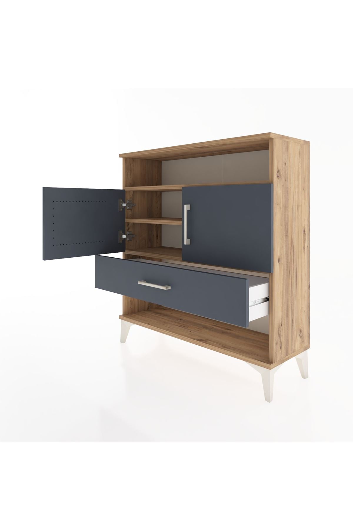 Arges Şifonyer 3 Raflı Tek Çekmeceli 2 Kapaklı 88x30x96 Çam-Antrasit