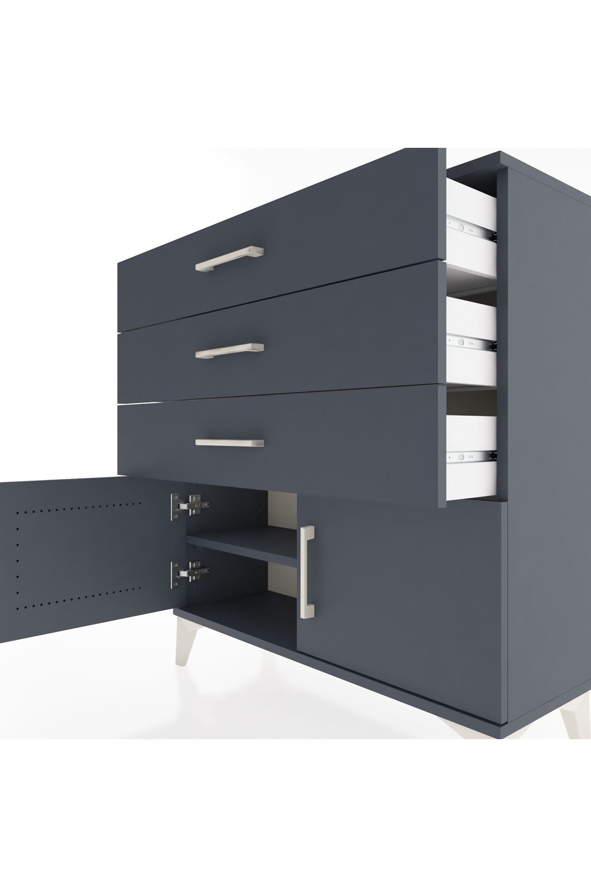 Arges Şifonyer Tek Raflı 3 Çekmeceli 2 Kapaklı 88x30x96 Antrasit-Antrasit