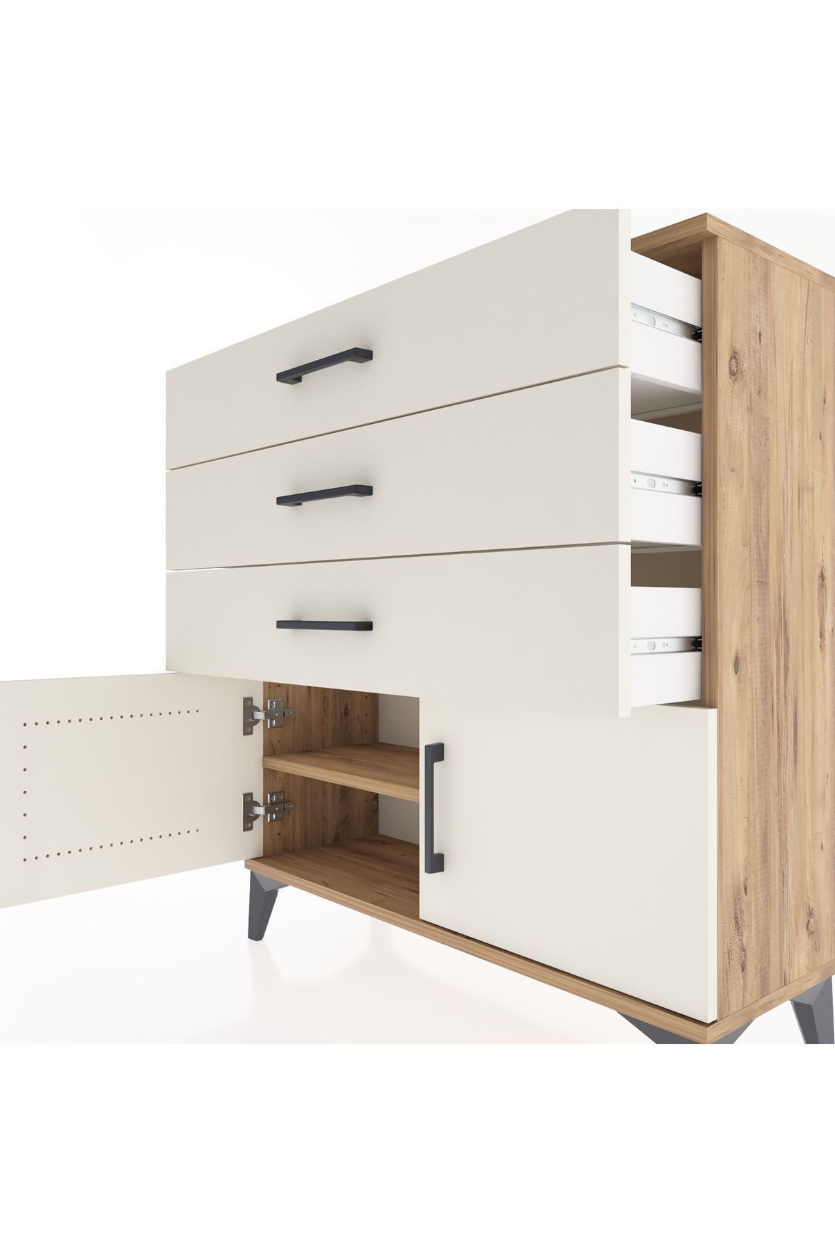 Arges Şifonyer Tek Raflı 3 Çekmeceli 2 Kapaklı 88x30x96 Çam-Aytaşı