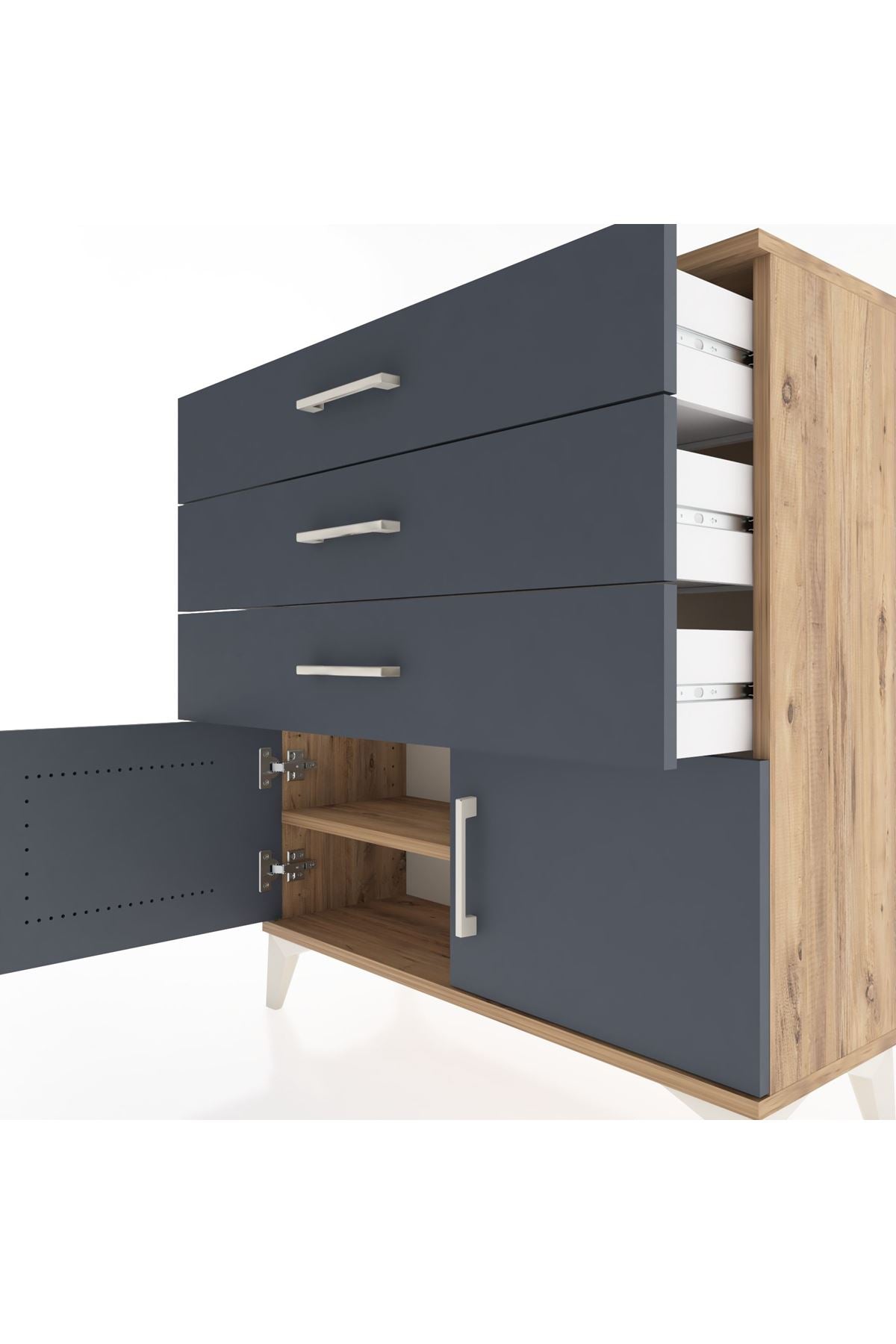 Arges Şifonyer Tek Raflı 3 Çekmeceli 2 Kapaklı 88x30x96 Çam-Antrasit