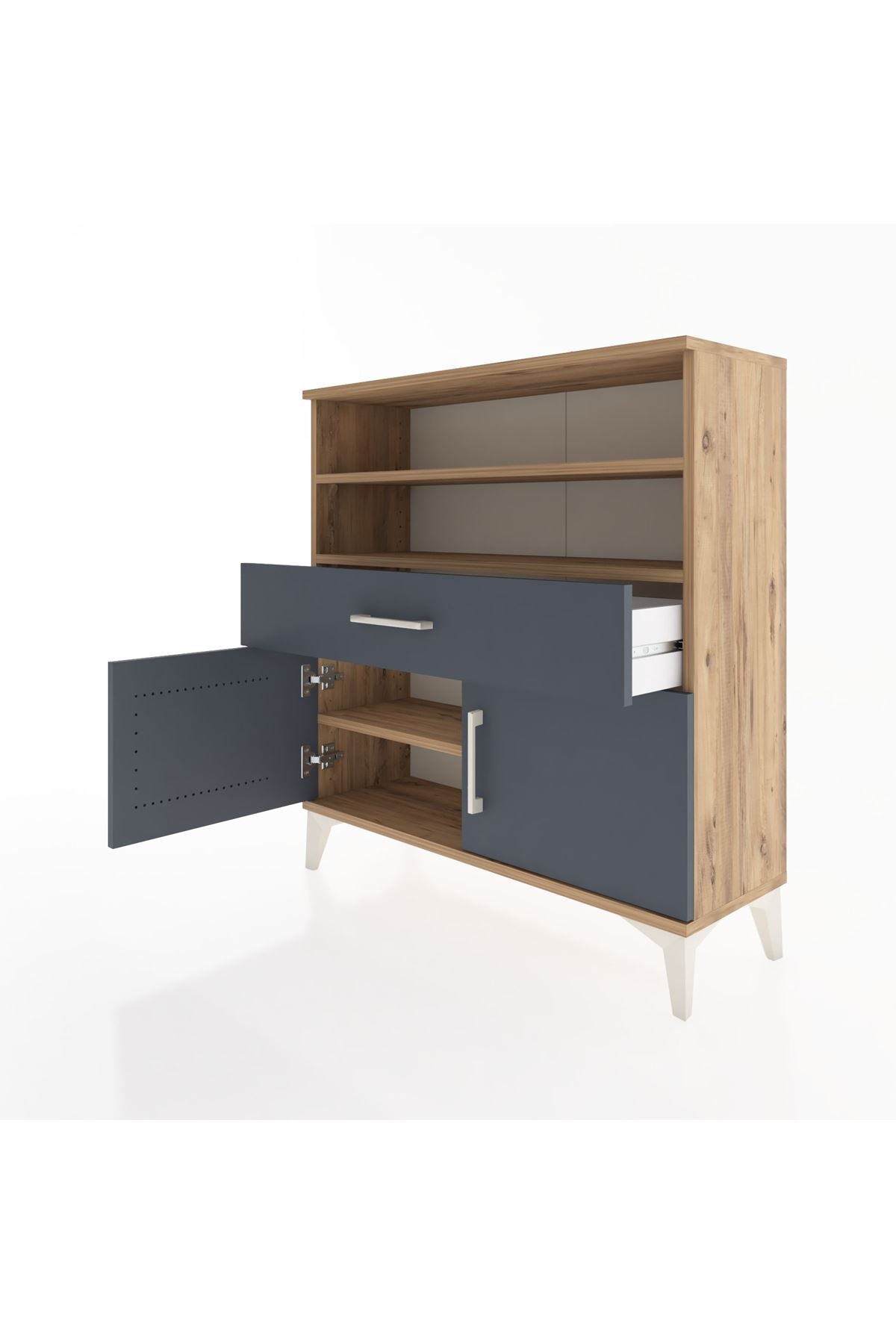 Arges Şifonyer 3 Raflı Tek Çekmeceli 2 Kapaklı 88x30x96 Çam-Antrasit