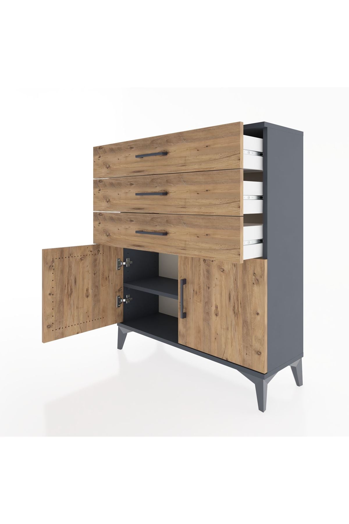 Arges Şifonyer Tek Raflı 3 Çekmeceli 2 Kapaklı 88x30x106 Antrasit-Çam