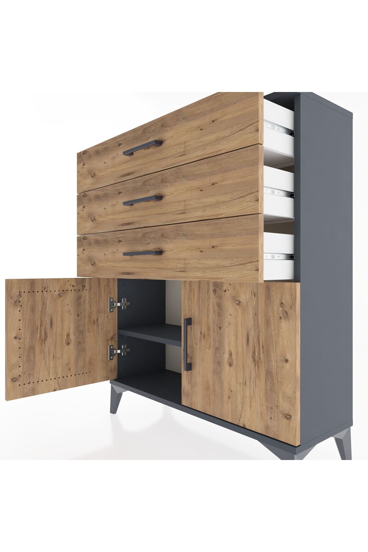 Arges Şifonyer Tek Raflı 3 Çekmeceli 2 Kapaklı 88x30x106 Antrasit-Çam