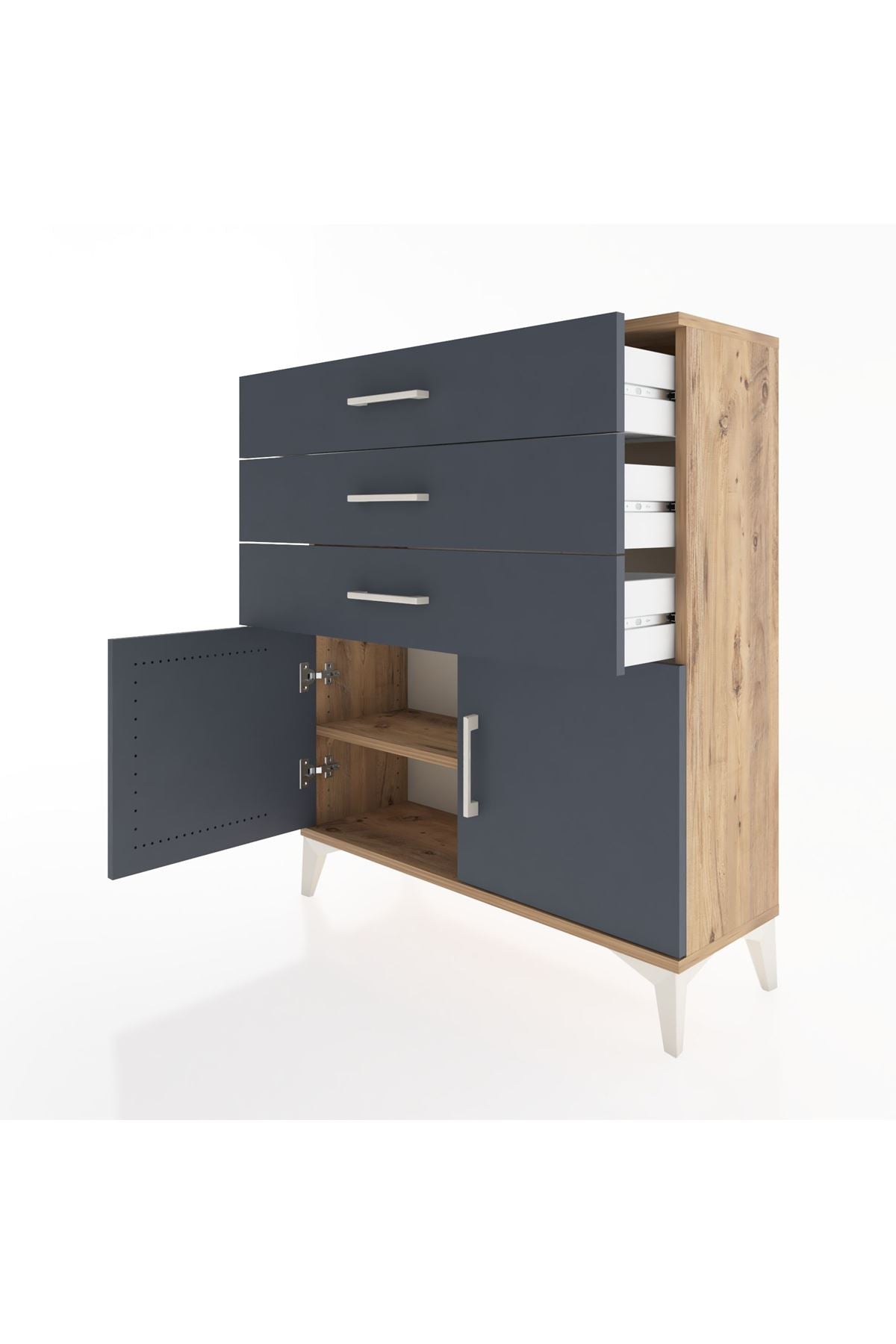 Arges Şifonyer Tek Raflı 3 Çekmeceli 2 Kapaklı 88x30x106 Çam-Antrasit