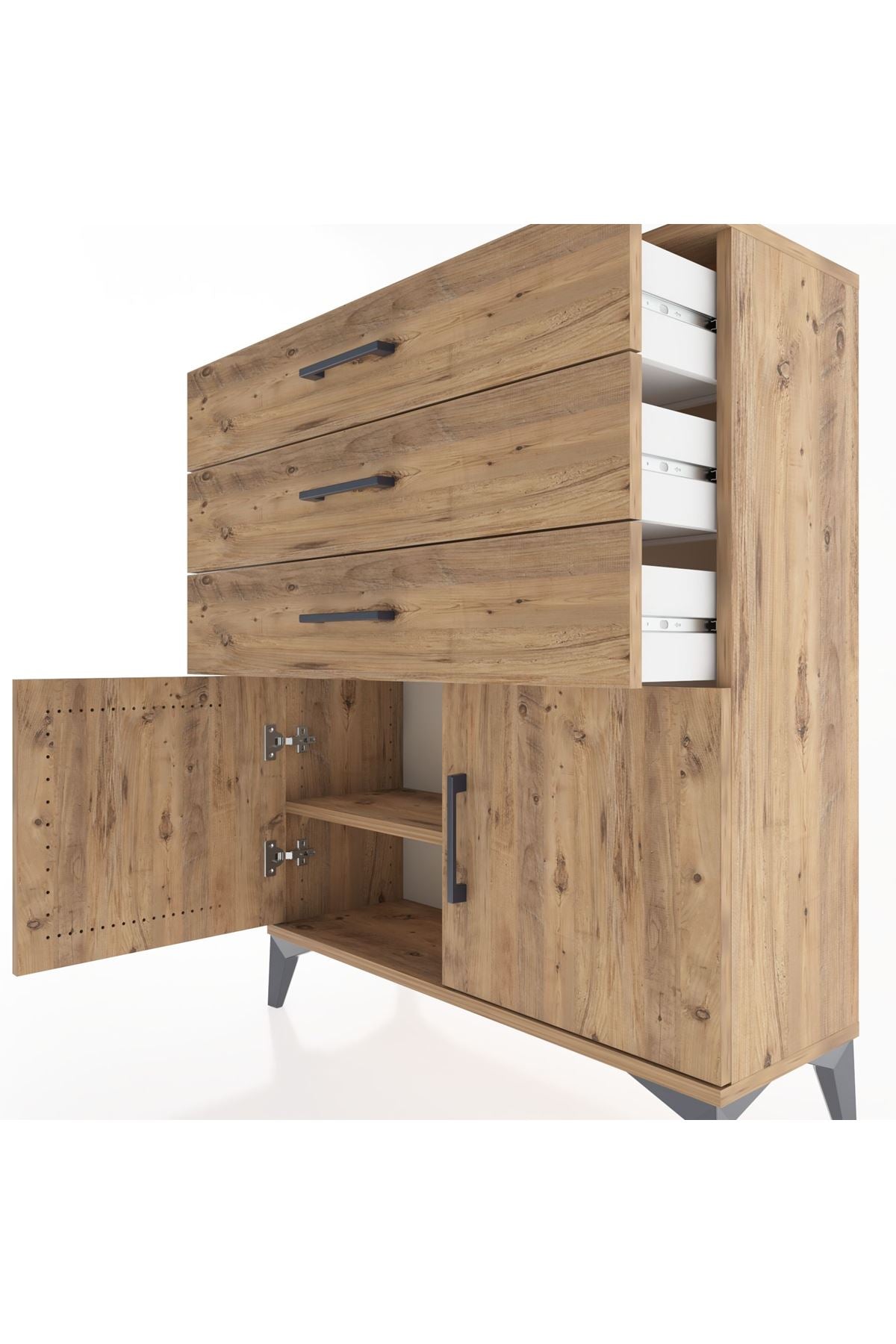Arges Şifonyer Tek Raflı 3 Çekmeceli 2 Kapaklı 88x30x106 Çam-Çam