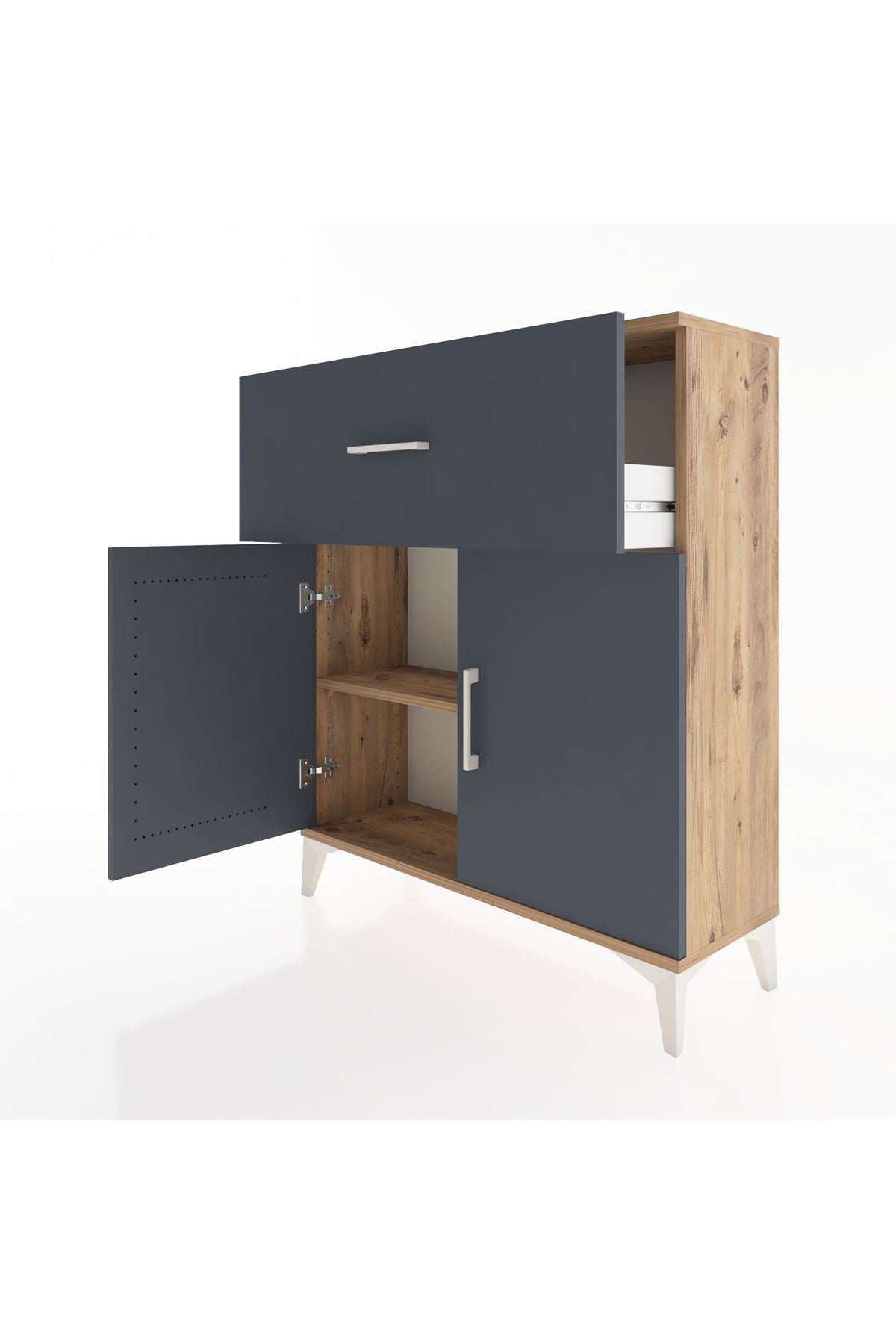 Arges Şifonyer Tek Raflı Tek Çekmeceli 2 Kapaklı 88x30x106 Çam-Antrasit