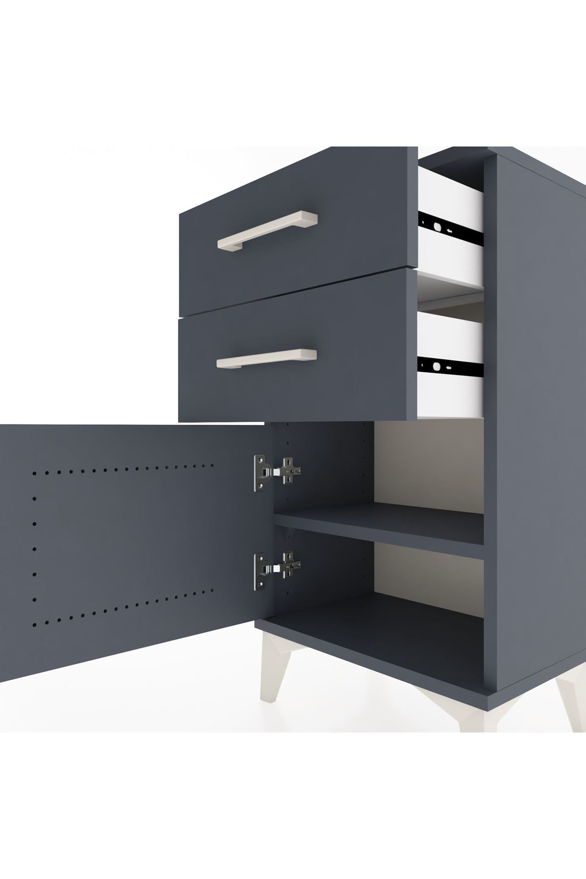 Arges Komodin Tek Raflı 2 Çekmeceli Tek Kapaklı 44x30x80 Antrasit-Antrasit