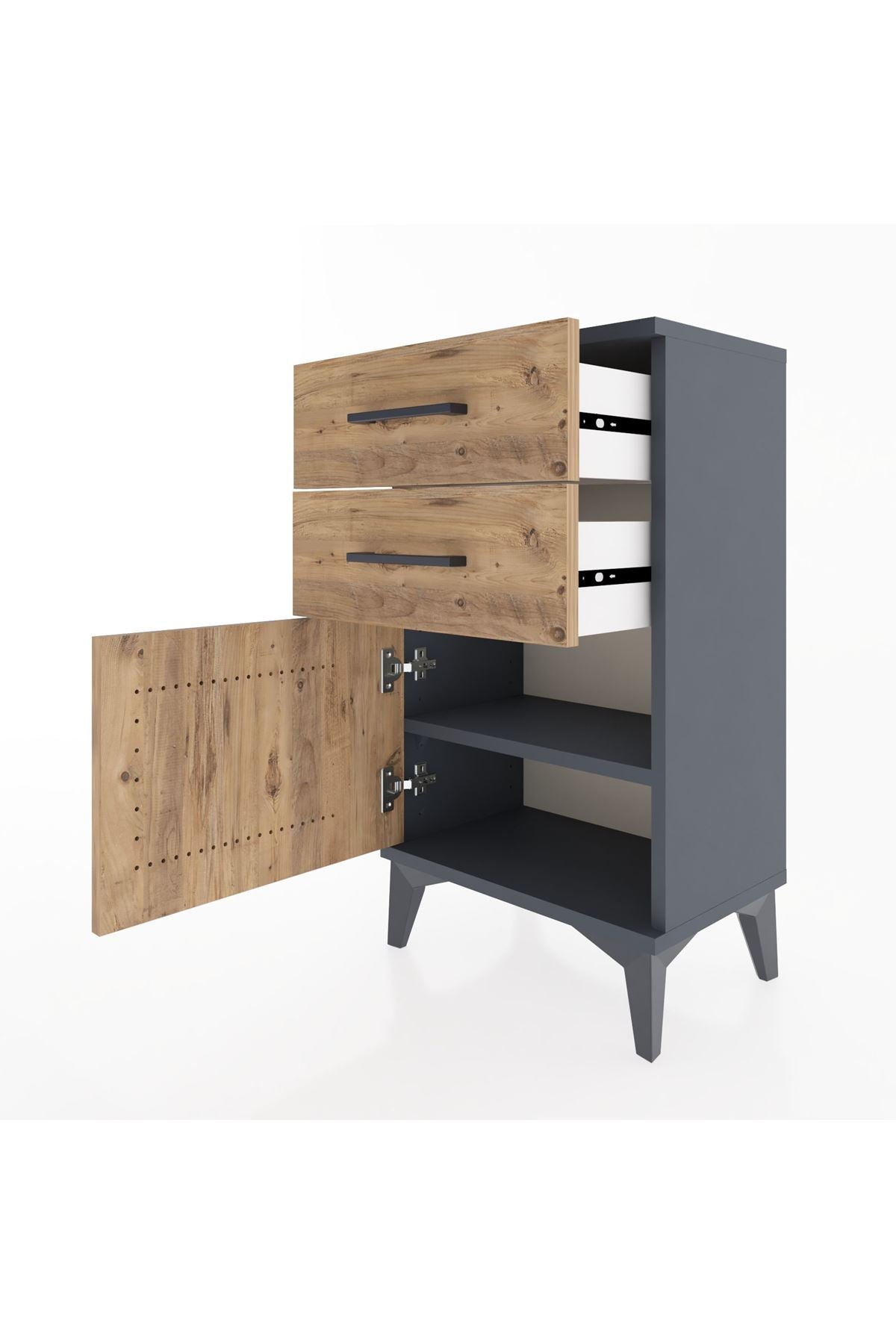 Arges Komodin Tek Raflı 2 Çekmeceli Tek Kapaklı 44x30x80 Antrasit-Çam