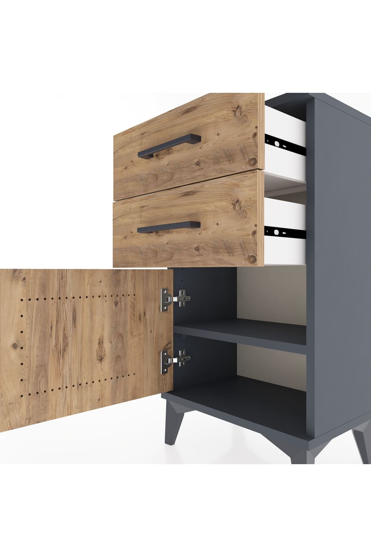 Arges Komodin Tek Raflı 2 Çekmeceli Tek Kapaklı 44x30x80 Antrasit-Çam