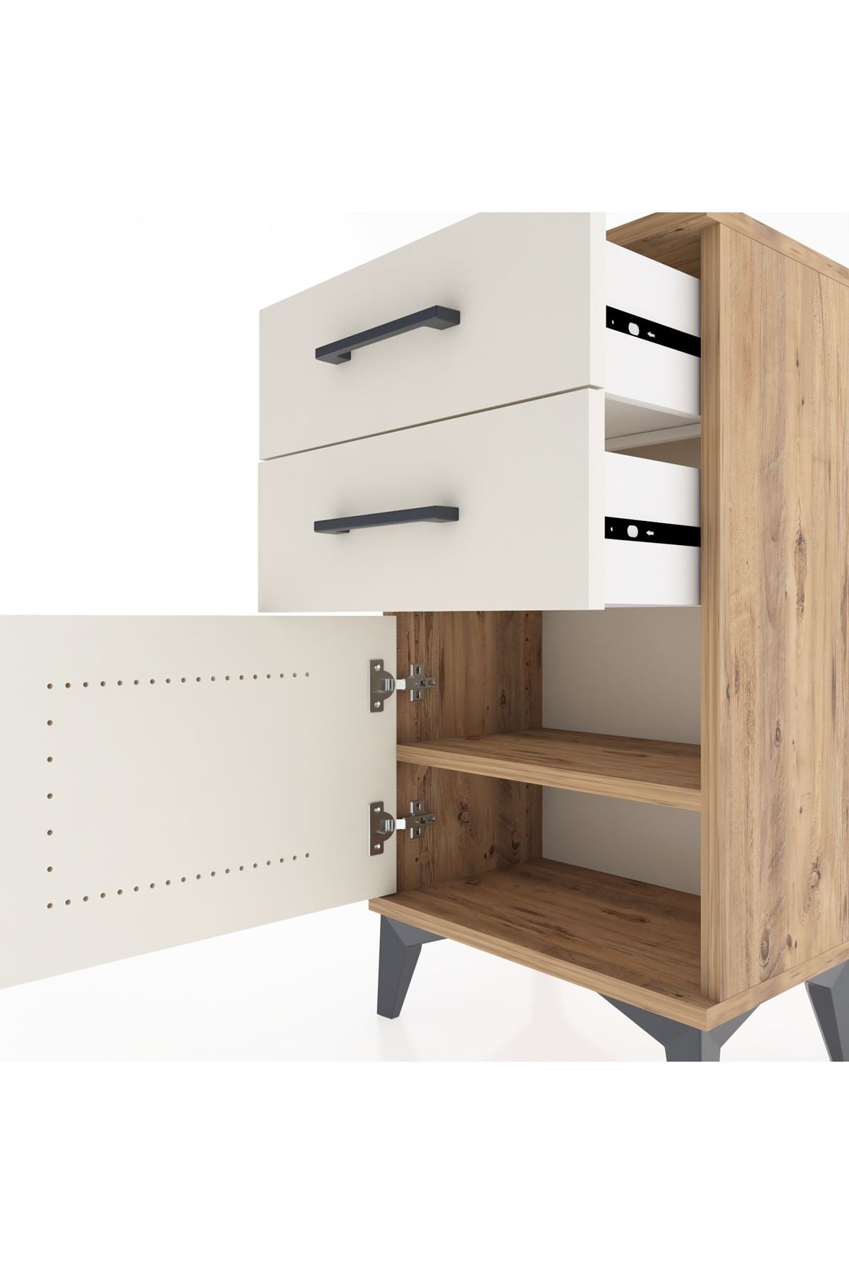 Arges Komodin Tek Raflı 2 Çekmeceli Tek Kapaklı 44x30x80 Çam-Aytaşı