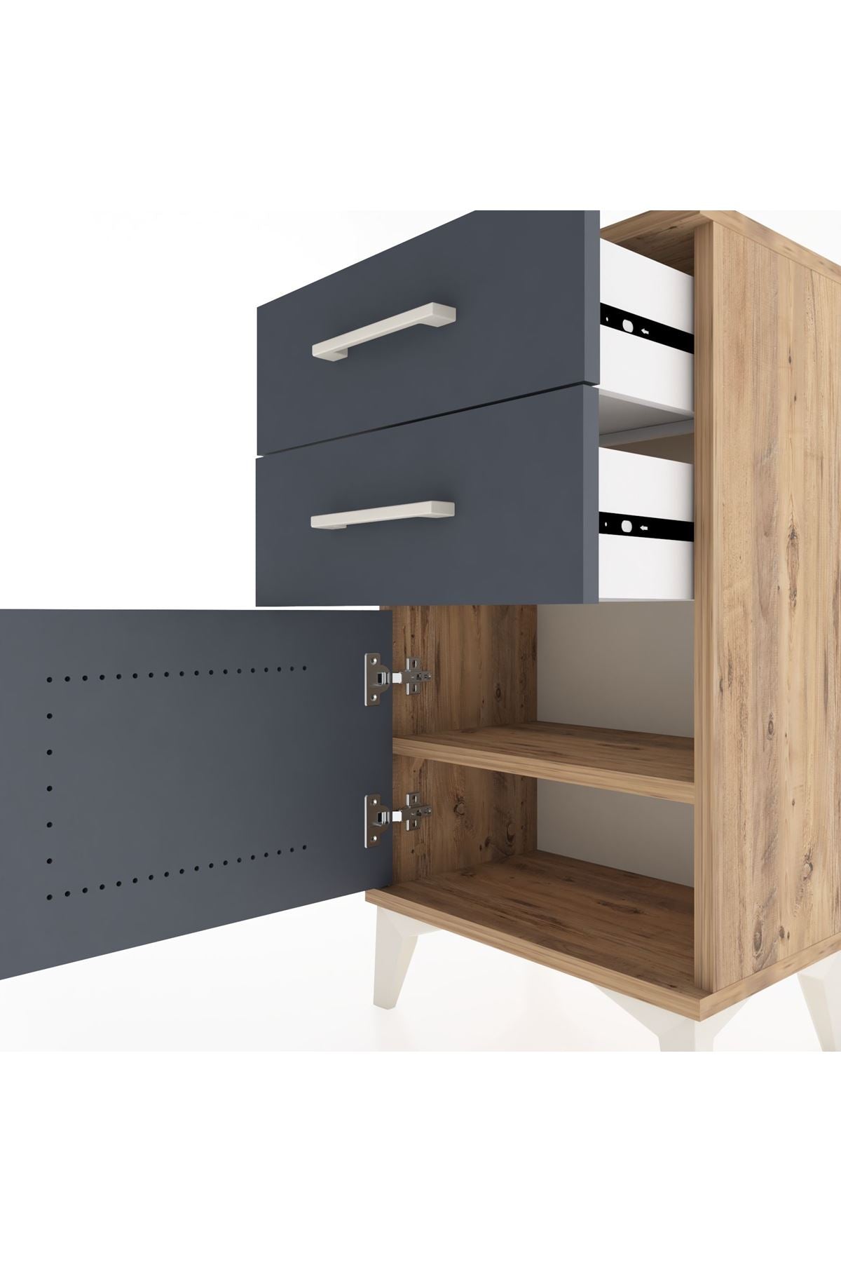 Arges Komodin Tek Raflı 2 Çekmeceli Tek Kapaklı 44x30x80 Çam-Antrasit