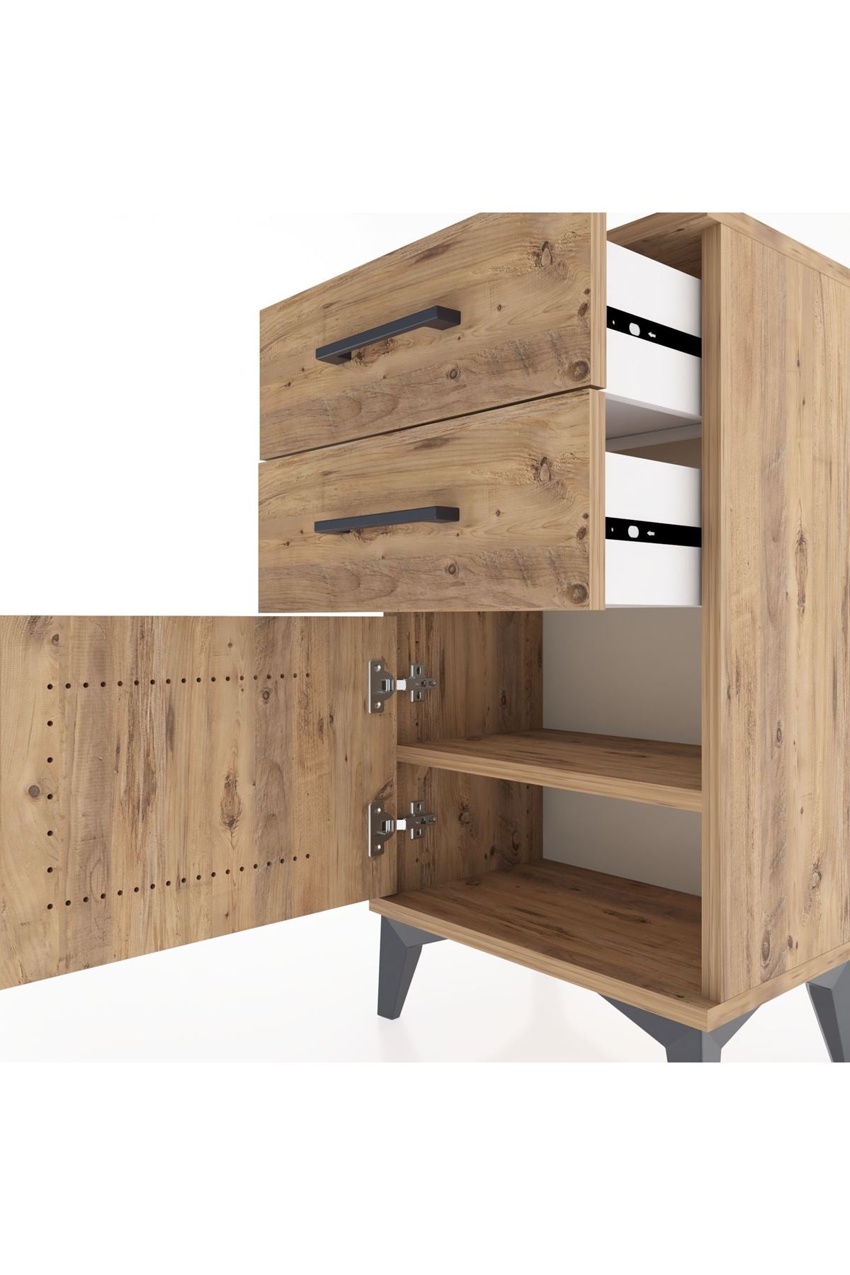 Arges Komodin Tek Raflı 2 Çekmeceli Tek Kapaklı 44x30x80 Çam-Çam