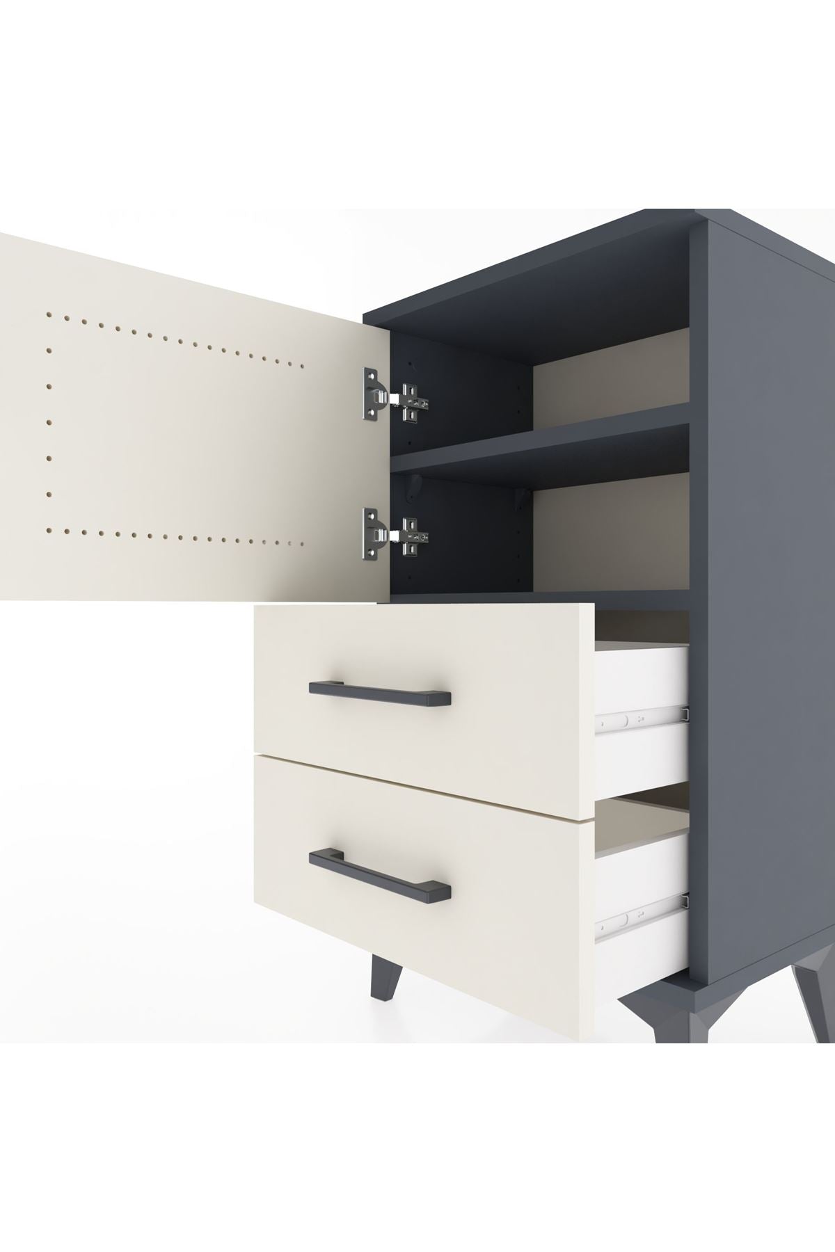 Arges Komodin 2 Raflı 2 Çekmeceli Tek Kapaklı 44x30x80 Antrasit-Aytaşı