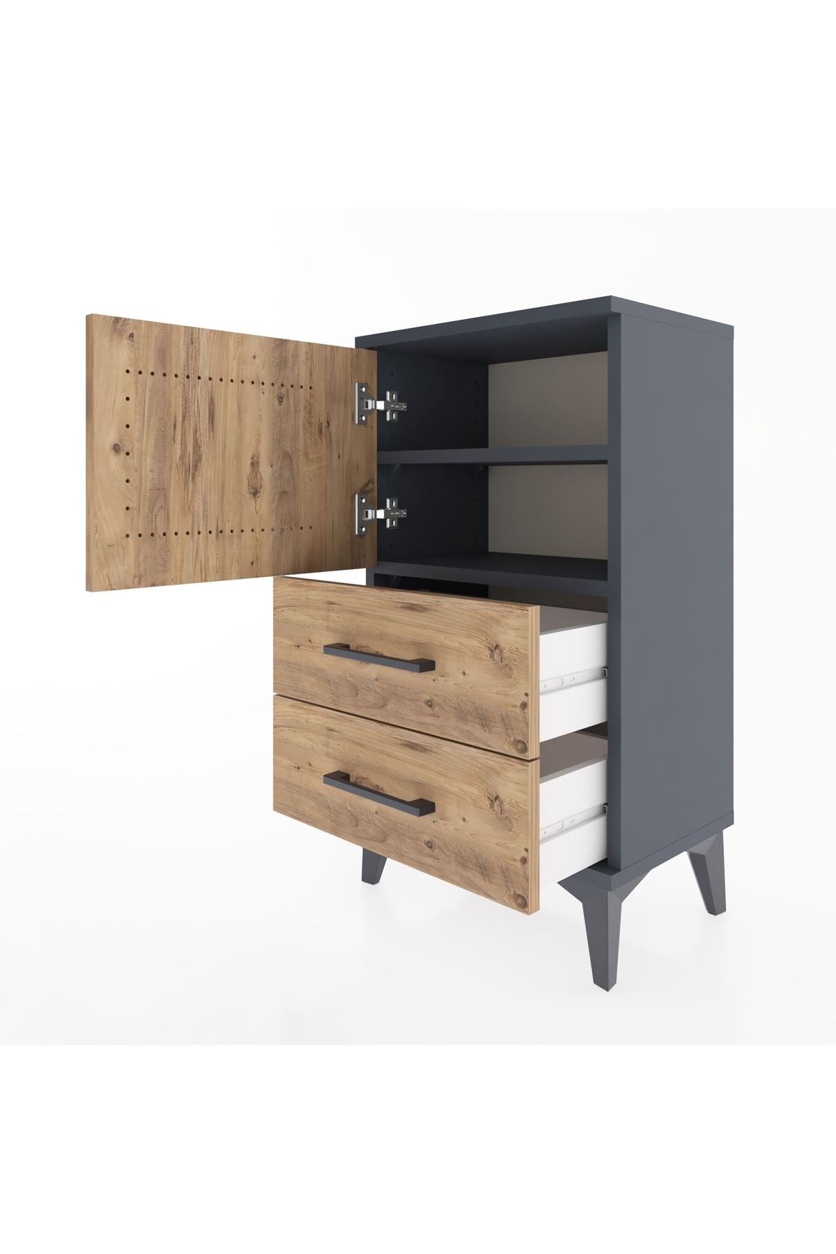 Arges Komodin 2 Raflı 2 Çekmeceli Tek Kapaklı 44x30x80 Antrasit-Çam