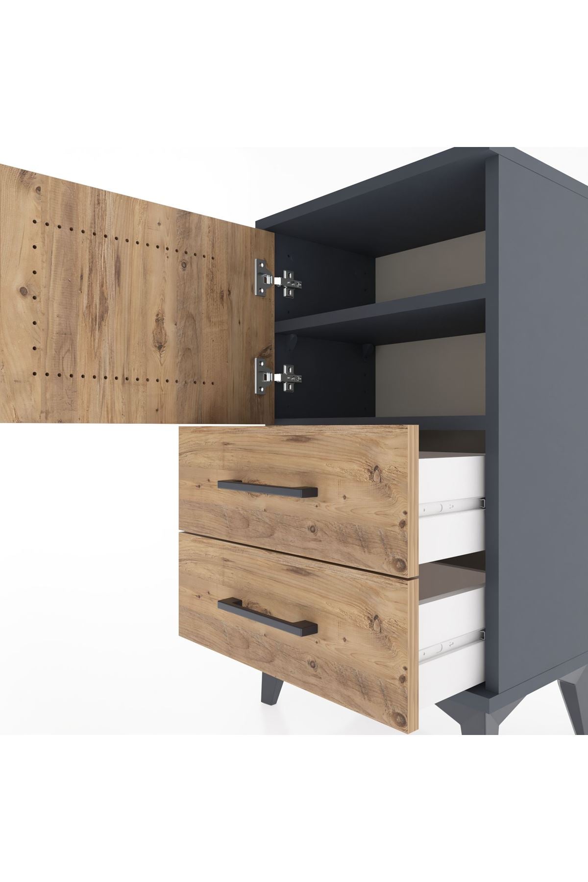 Arges Komodin 2 Raflı 2 Çekmeceli Tek Kapaklı 44x30x80 Antrasit-Çam
