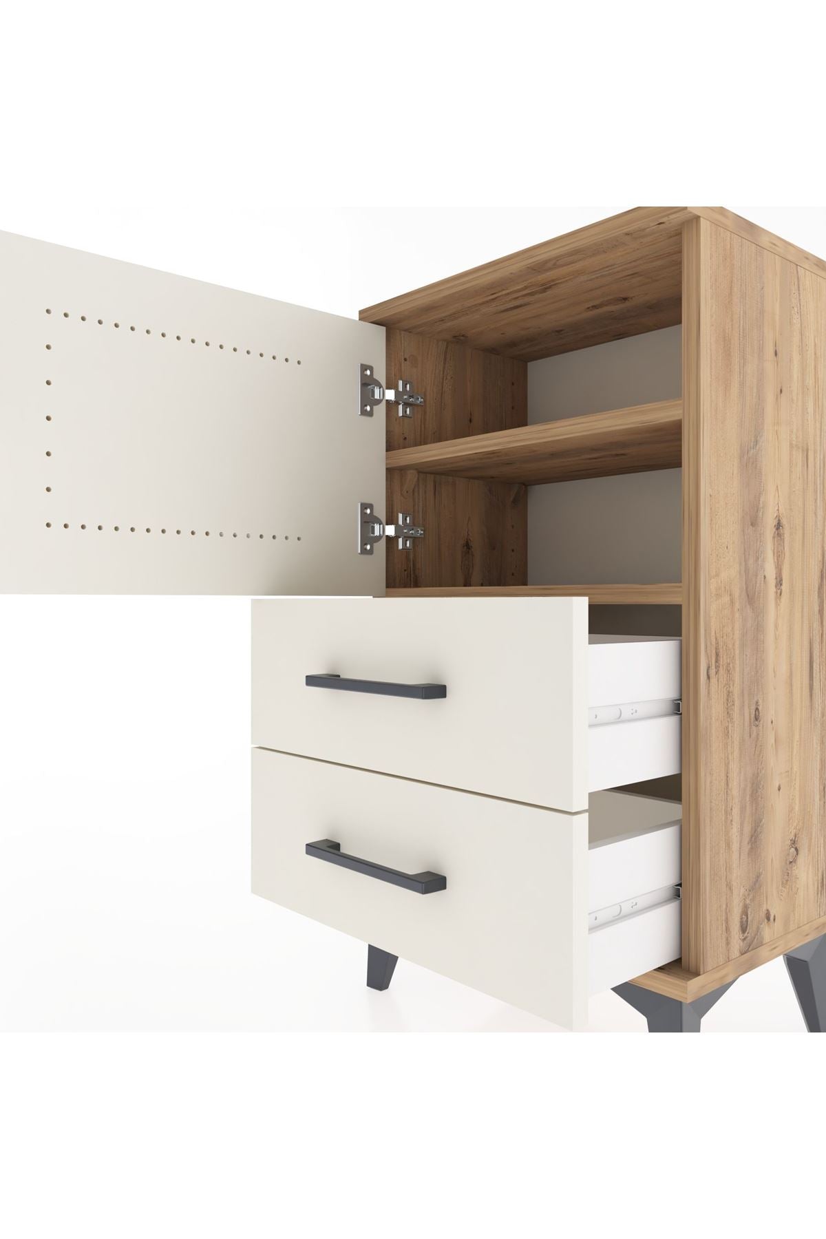 Arges Komodin 2 Raflı 2 Çekmeceli Tek Kapaklı 44x30x80 Çam-Aytaşı