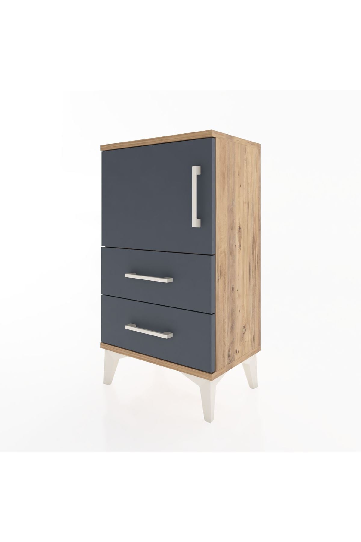 Arges Komodin 2 Raflı 2 Çekmeceli Tek Kapaklı 44x30x80 Çam-Antrasit