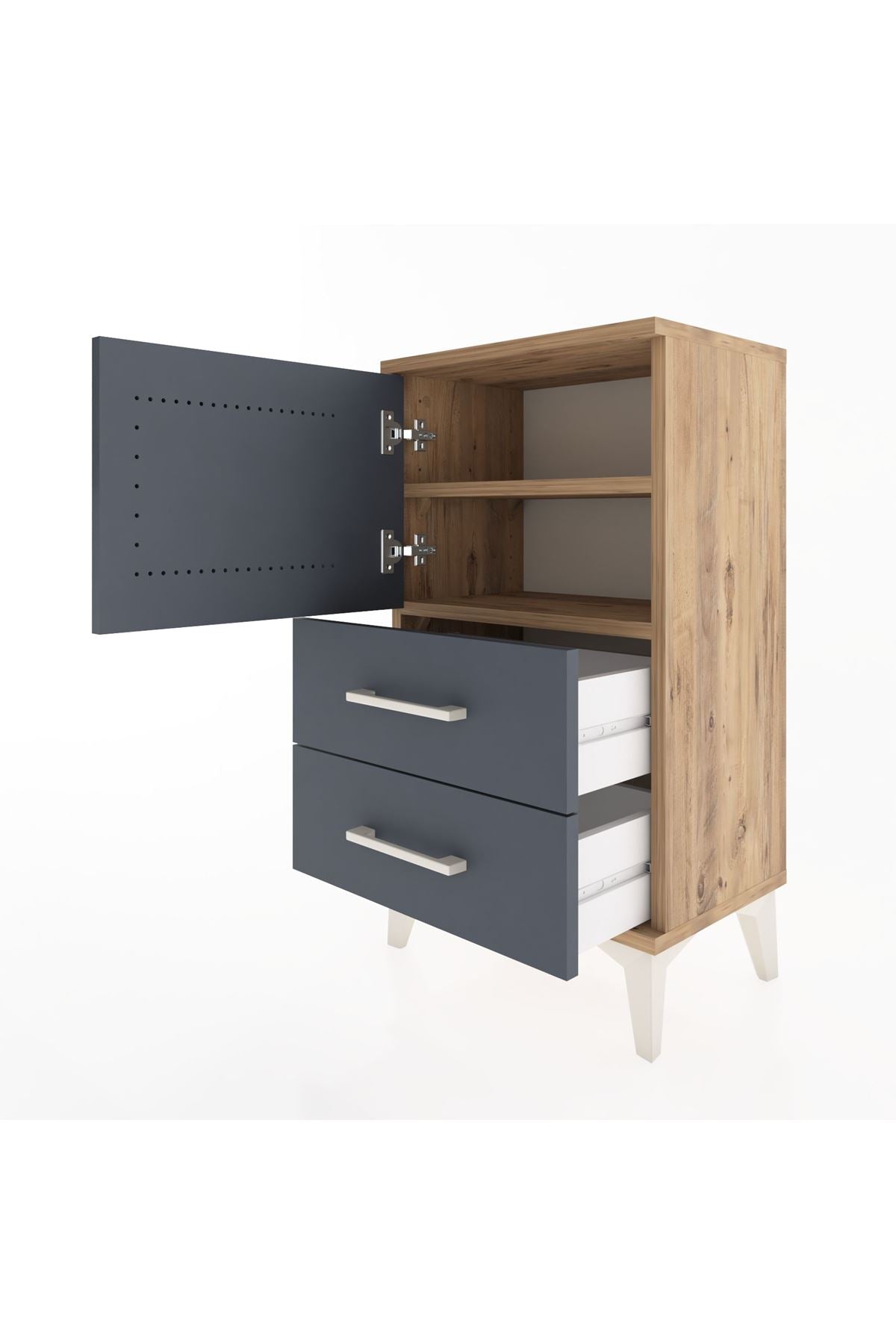 Arges Komodin 2 Raflı 2 Çekmeceli Tek Kapaklı 44x30x80 Çam-Antrasit