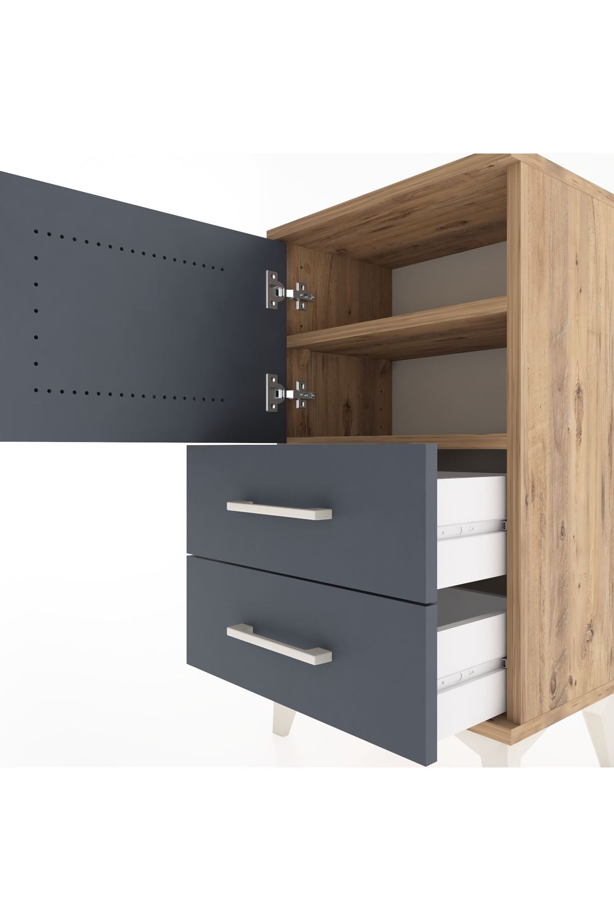 Arges Komodin 2 Raflı 2 Çekmeceli Tek Kapaklı 44x30x80 Çam-Antrasit