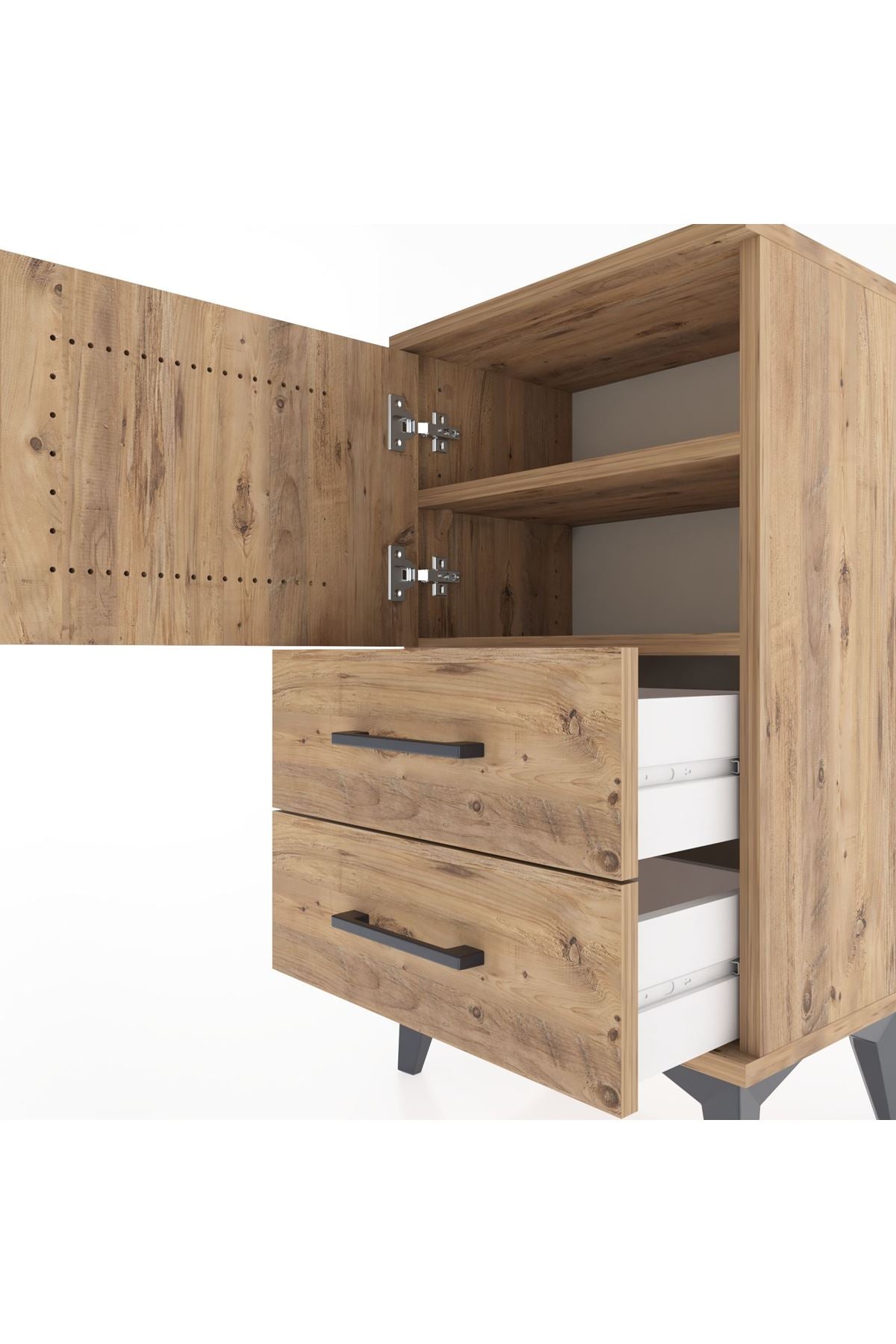 Arges Komodin 2 Raflı 2 Çekmeceli Tek Kapaklı 44x30x80 Çam-Çam