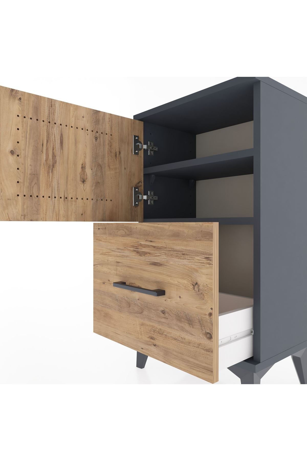 Arges Komodin 2 Raflı Tek Çekmeceli Tek Kapaklı 44x30x80 Antrasit-Çam