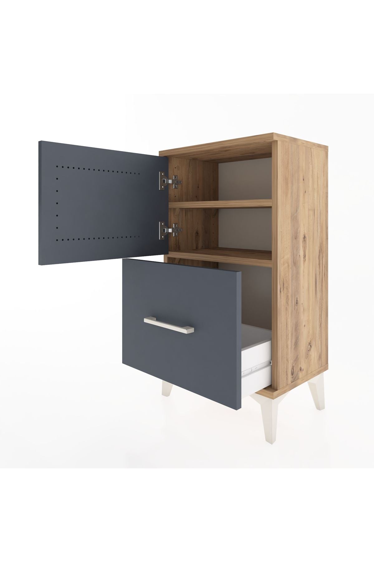 Arges Komodin 2 Raflı Tek Çekmeceli Tek Kapaklı 44x30x80 Çam-Antrasit