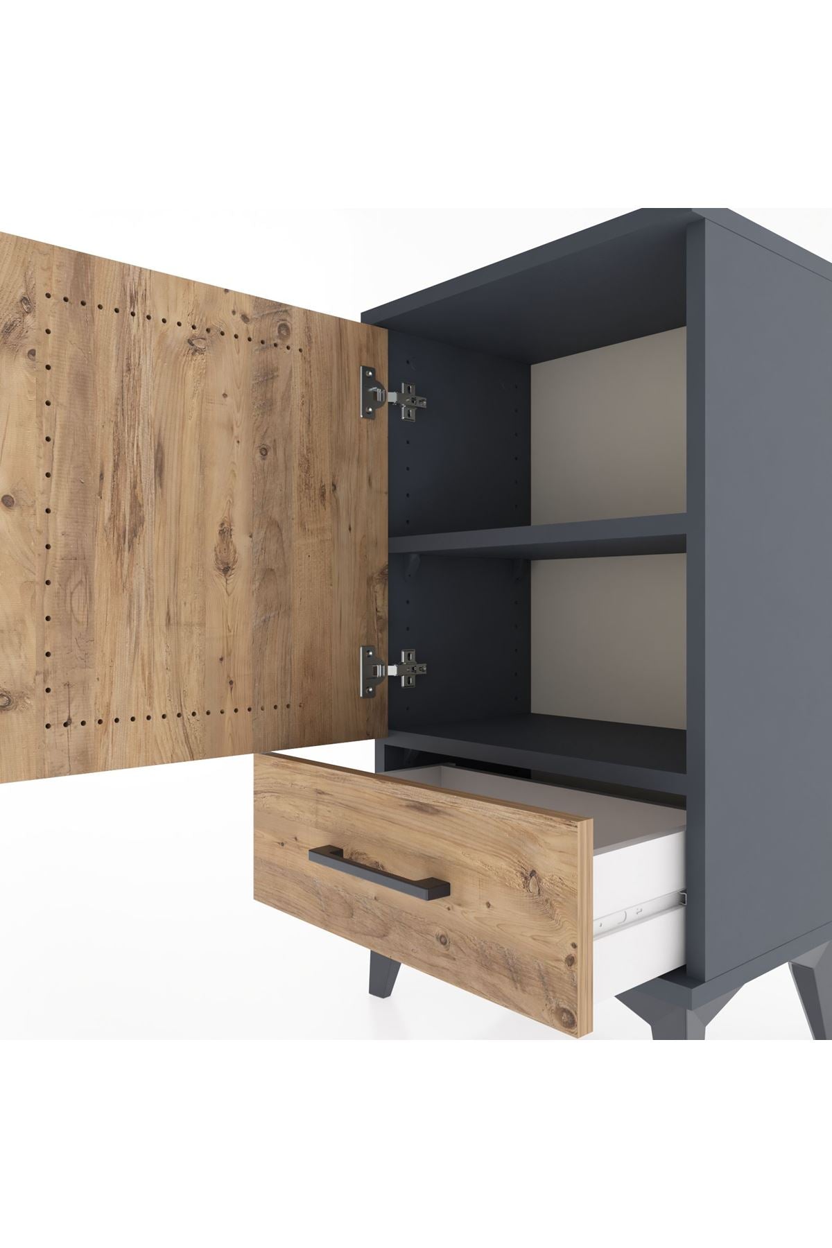 Arges Komodin 2 Raflı Tek Çekmeceli Tek Kapaklı 44x30x80 Antrasit-Çam