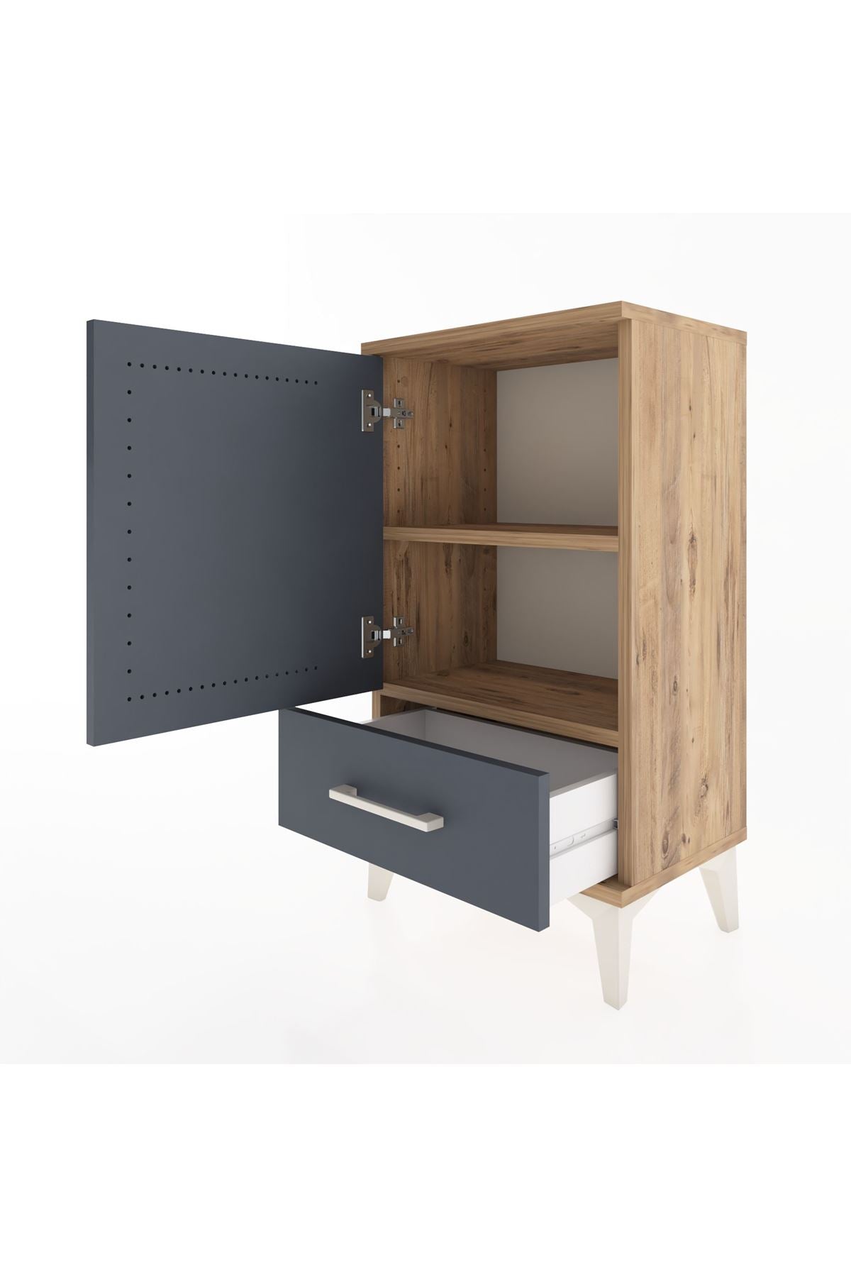 Arges Komodin 2 Raflı Tek Çekmeceli Tek Kapaklı 44x30x80 Çam-Antrasit