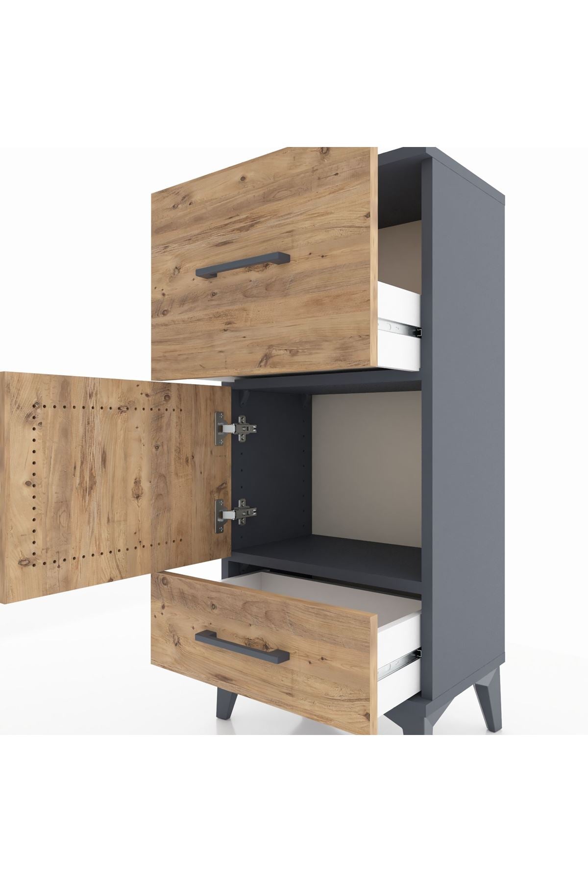 Arges Komodin Tek Raflı 2 Çekmeceli Tek Kapaklı 44x30x96 Antrasit-Çam