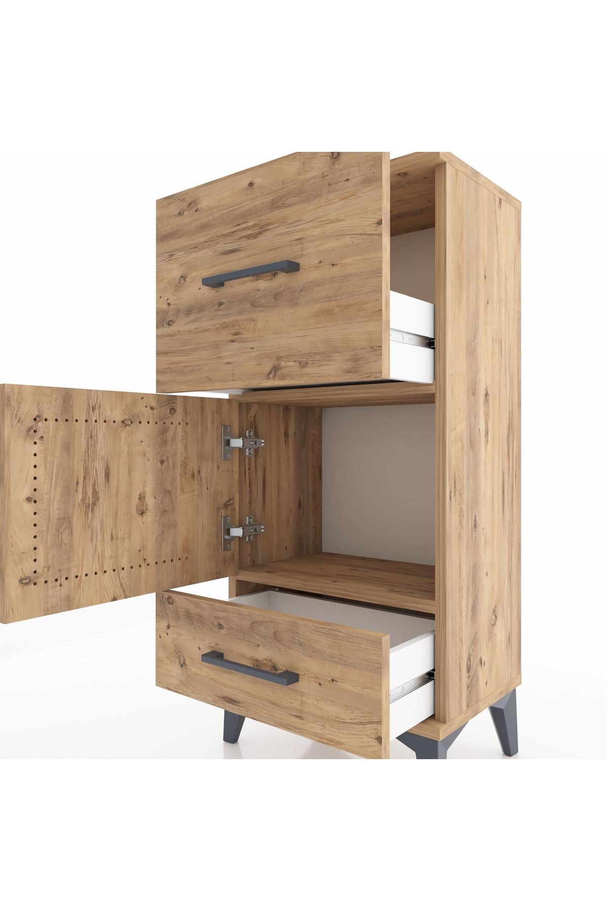 Arges Komodin Tek Raflı 2 Çekmeceli Tek Kapaklı 44x30x96 Çam-Çam