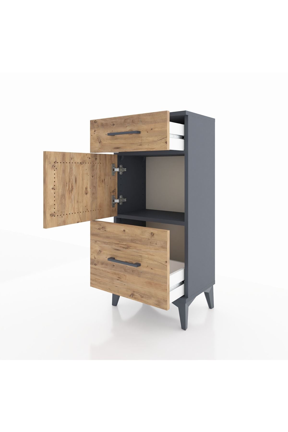 Arges Komodin Tek Raflı 2 Çekmeceli Tek Kapaklı 44x30x96 Antrasit-Çam