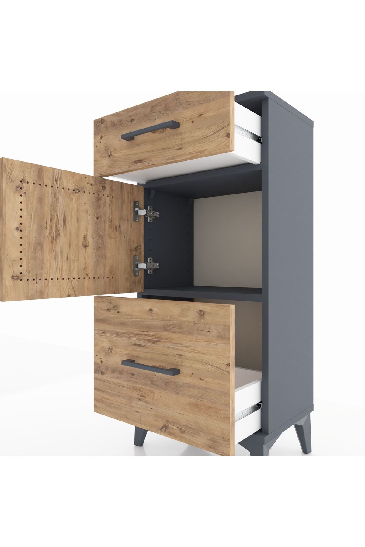 Arges Komodin Tek Raflı 2 Çekmeceli Tek Kapaklı 44x30x96 Antrasit-Çam