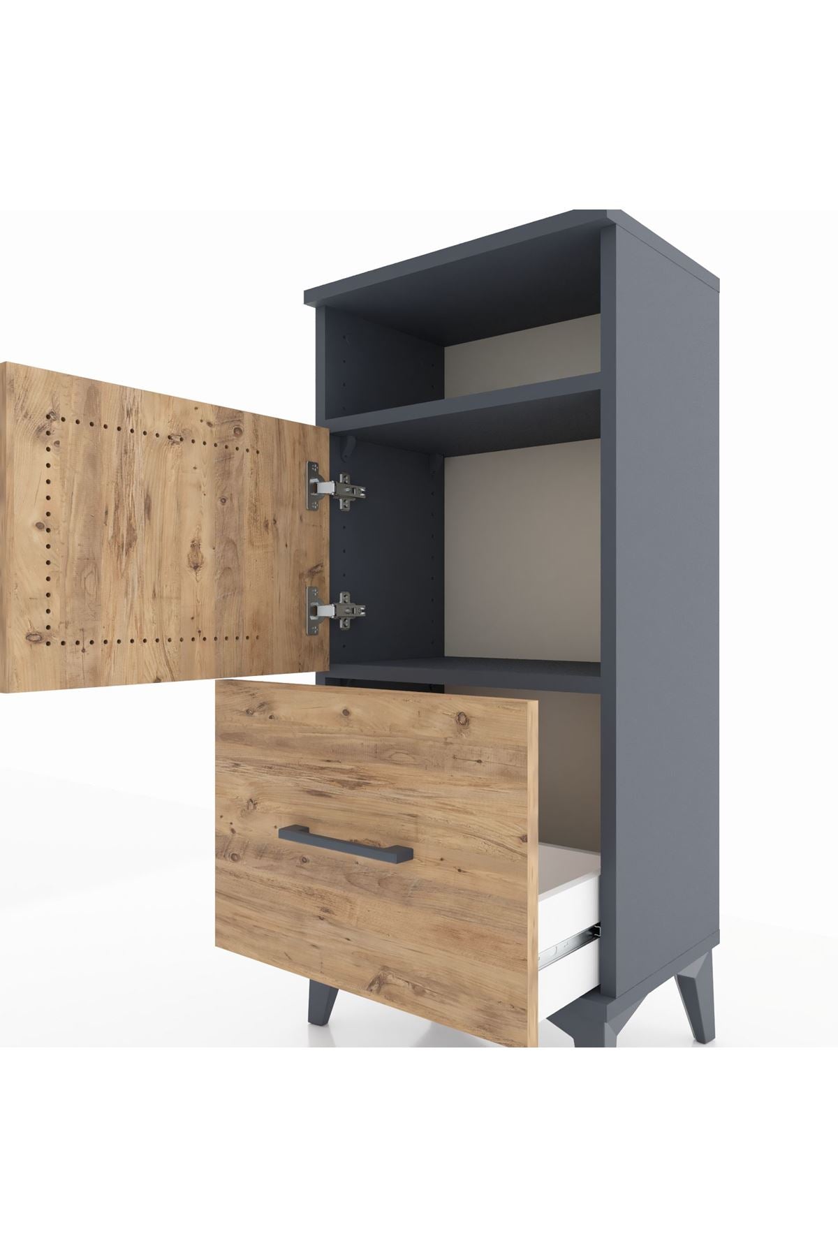 Arges Komodin 2 Raflı Tek Çekmeceli 2 Kapaklı 44x30x96 Antrasit-Çam